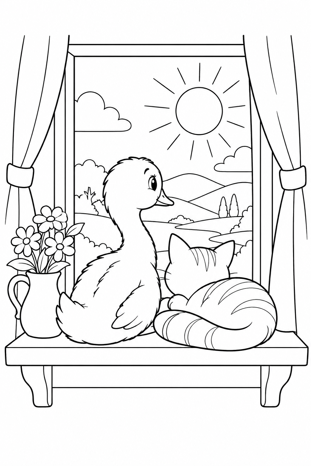 醜いアヒルの子:窓辺のねことゆっくり夕方の塗り絵