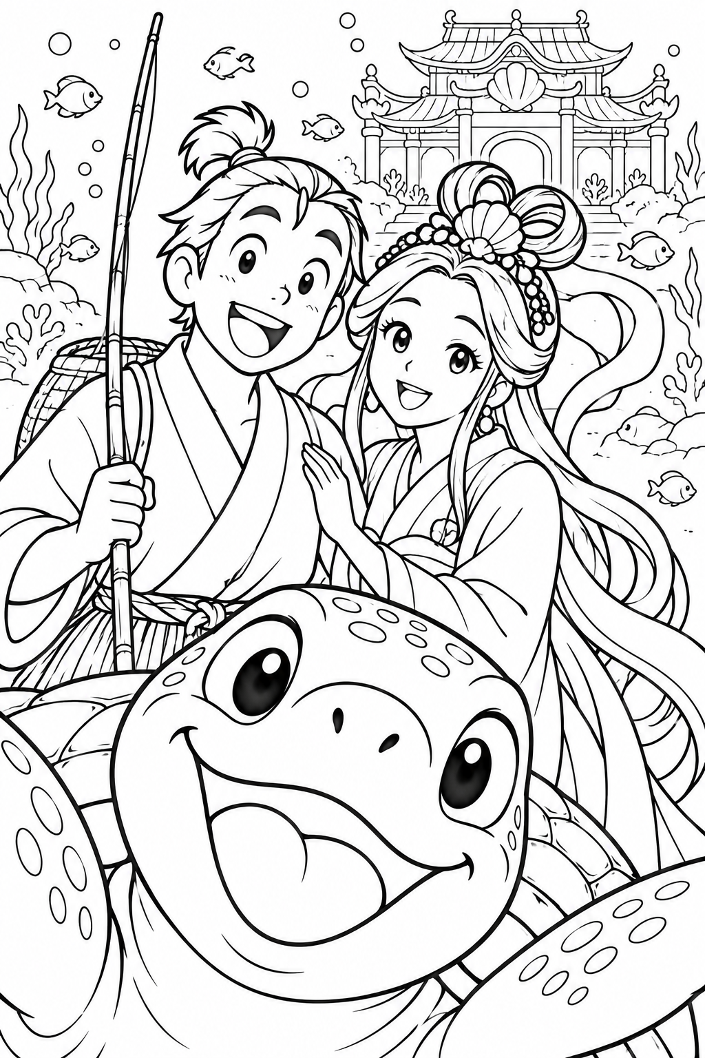 浦島太郎：記念の一枚に亀がどーん（ギャグ）の塗り絵
