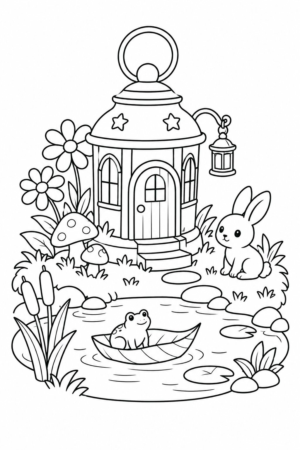 ランタンのおうちの池の庭の塗り絵