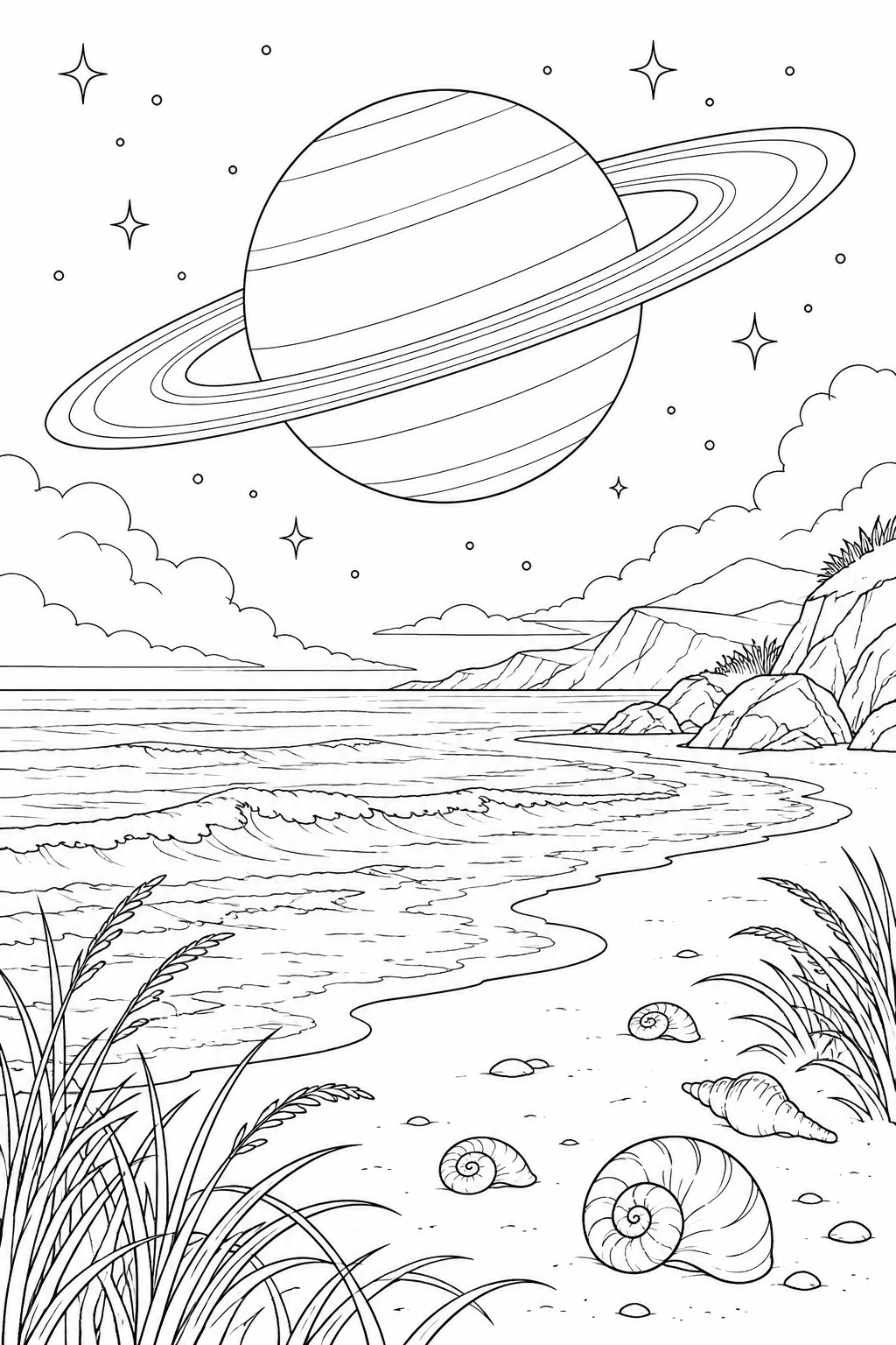 貝殻のある砂浜と環のある惑星の塗り絵