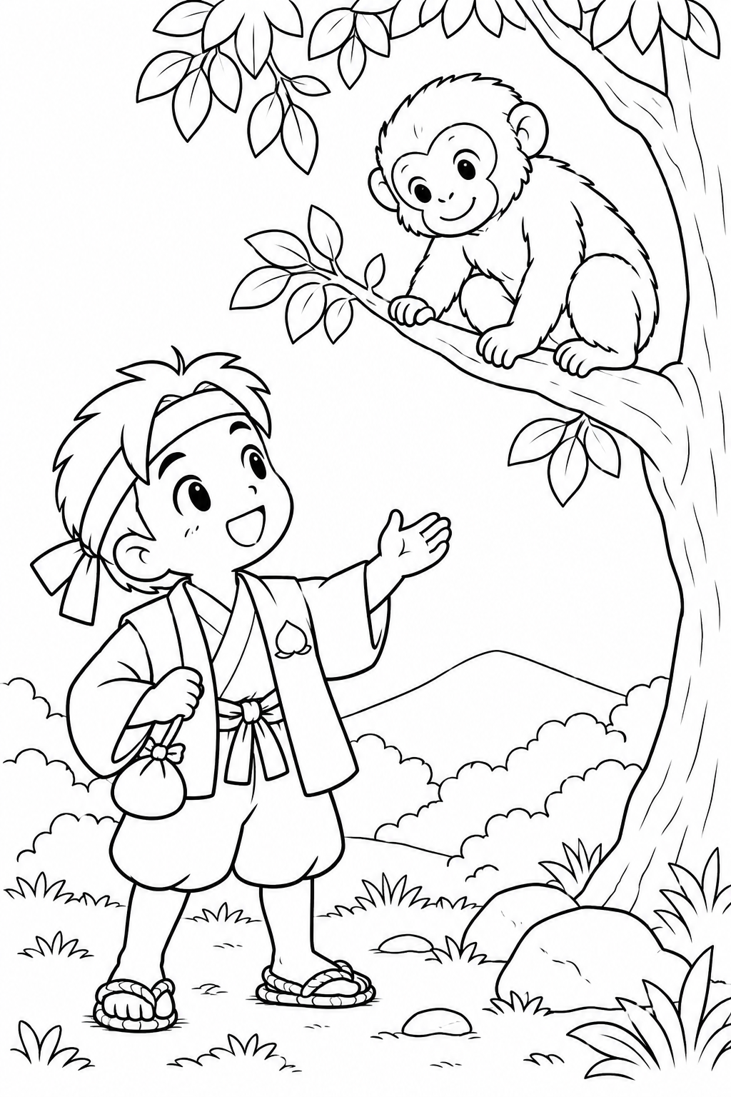 ほっこり桃太郎：桃太郎と猿の出会いの塗り絵