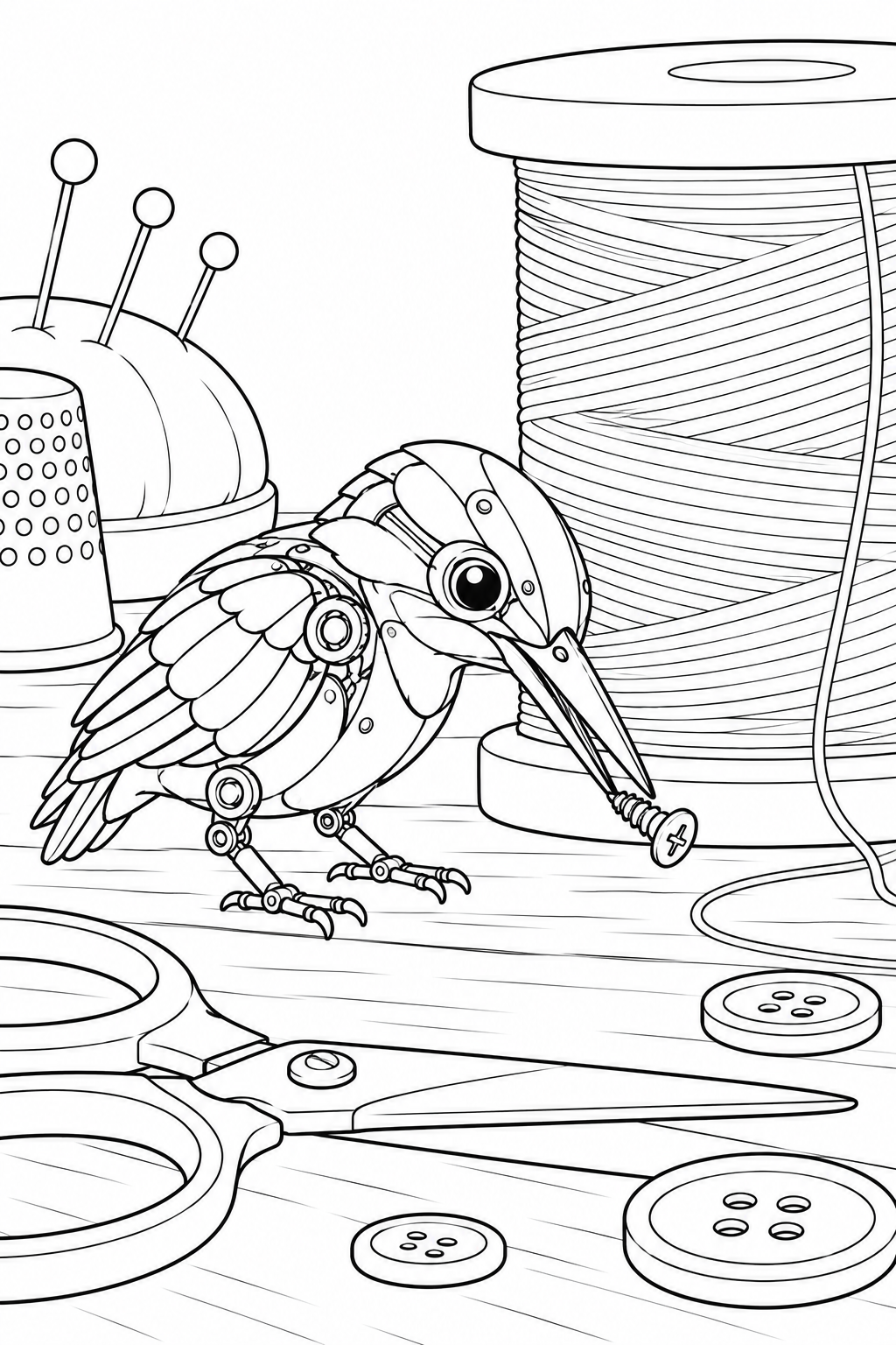 Desenho de Um passarinho mecânico recolhendo parafusos para colorir
