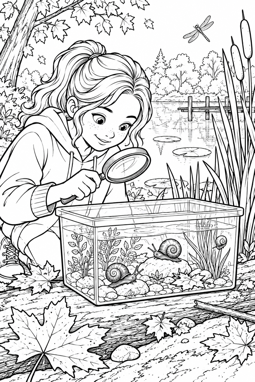 秋の水辺の観察ボックスの塗り絵