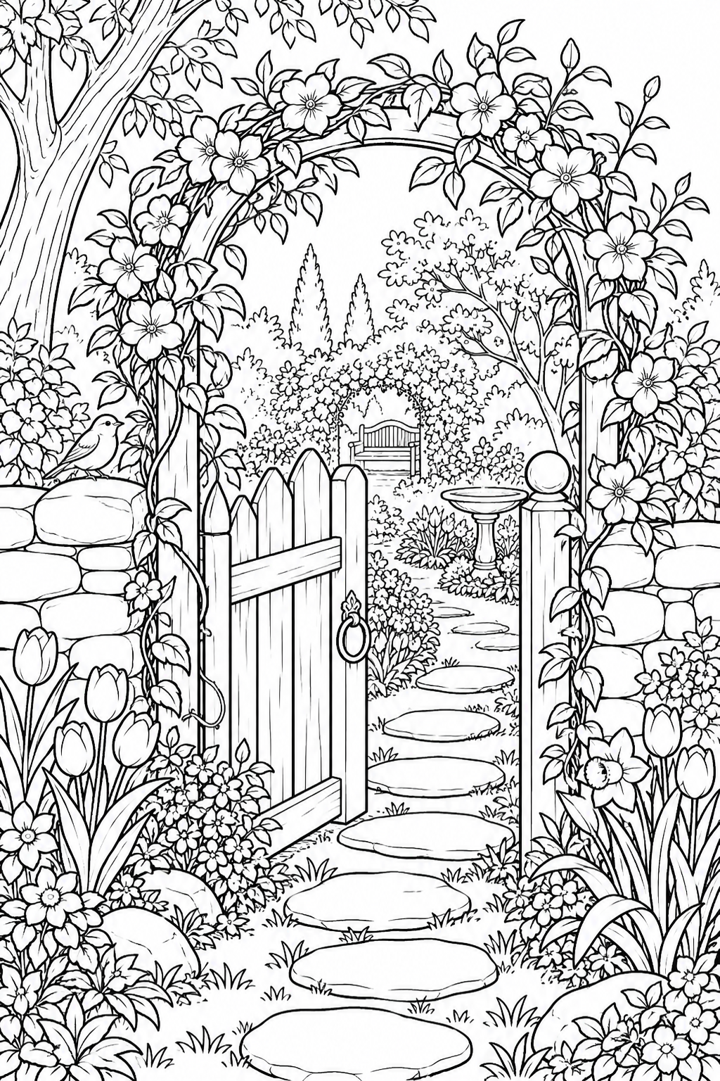 Desenho de Entrada de uma trilha secreta — primavera para colorir