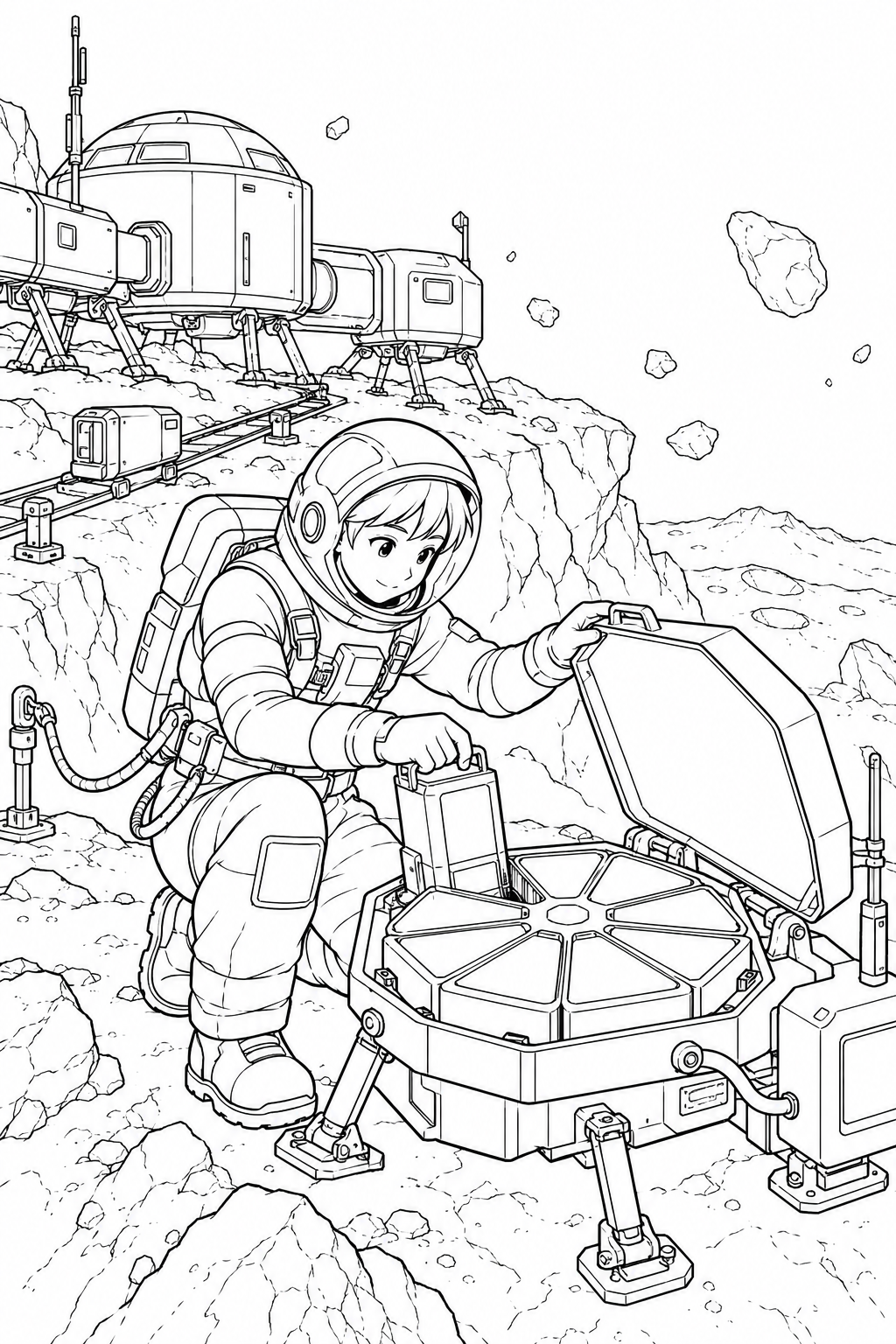 小惑星の岩山基地:宇宙のちりを集める装置の塗り絵