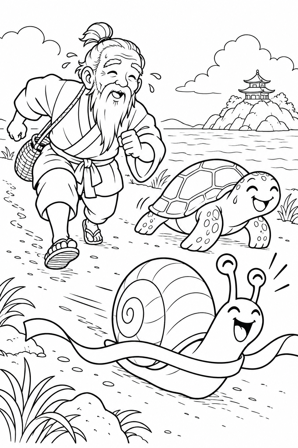 浦島太郎:亀との競走をカタツムリが追い越す(ギャグ)の塗り絵