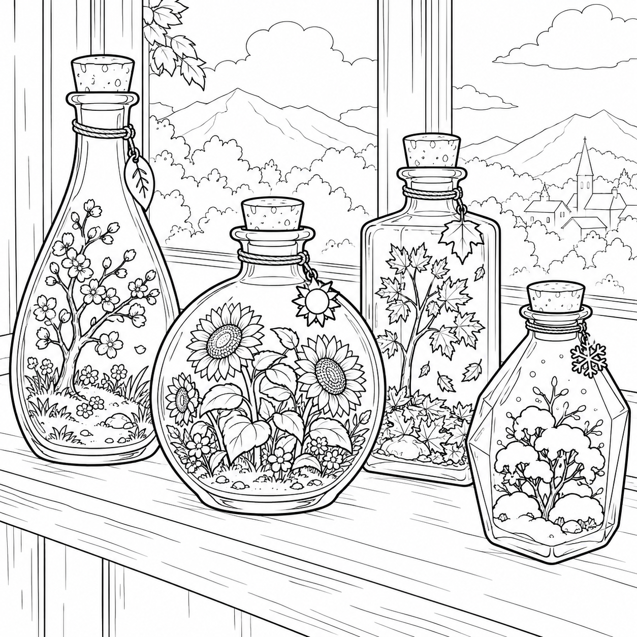 瓶の中の四季の庭の塗り絵