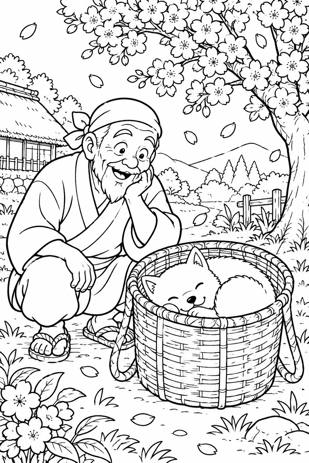 はなさかおじさん：運びたいかごで白い犬がお昼寝（ギャグ）の塗り絵