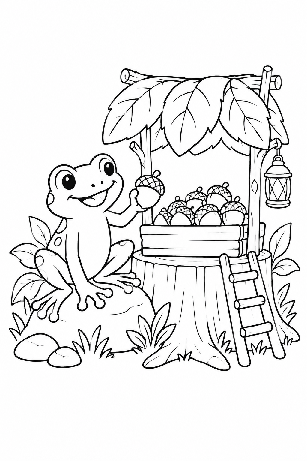 アマガエルとどんぐりの屋台の塗り絵
