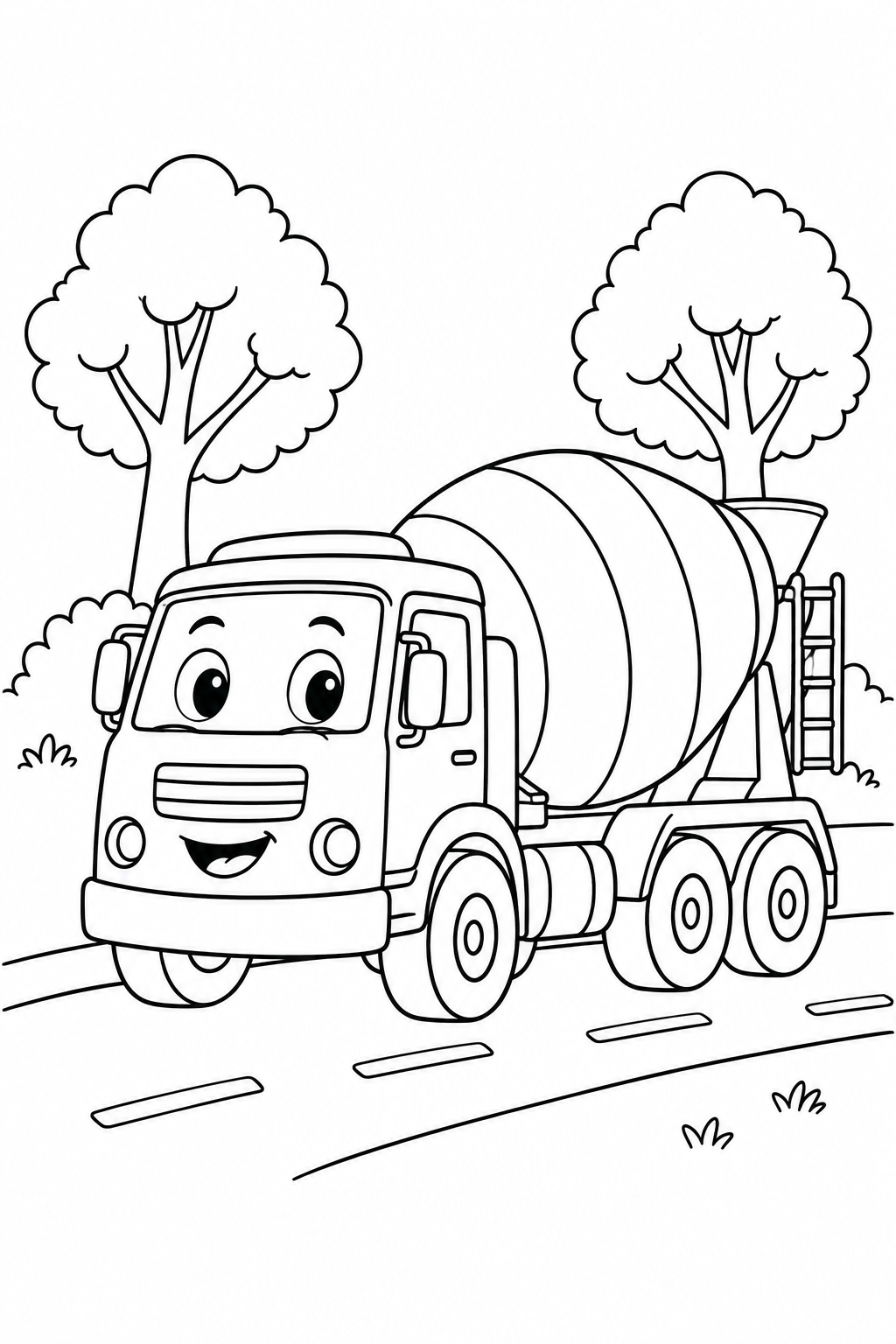 コンクリートミキサー車と森の道の塗り絵