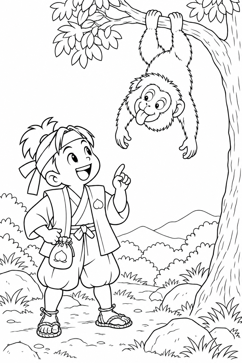 ギャグ桃太郎:桃太郎と猿の出会いの塗り絵