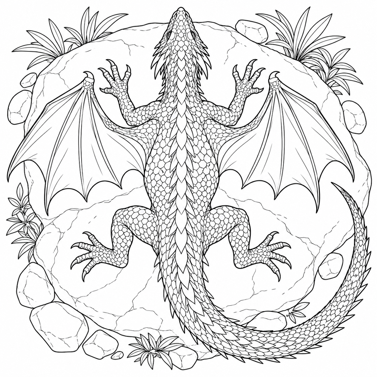 Desenho de Dragão tomando sol numa rocha plana para colorir