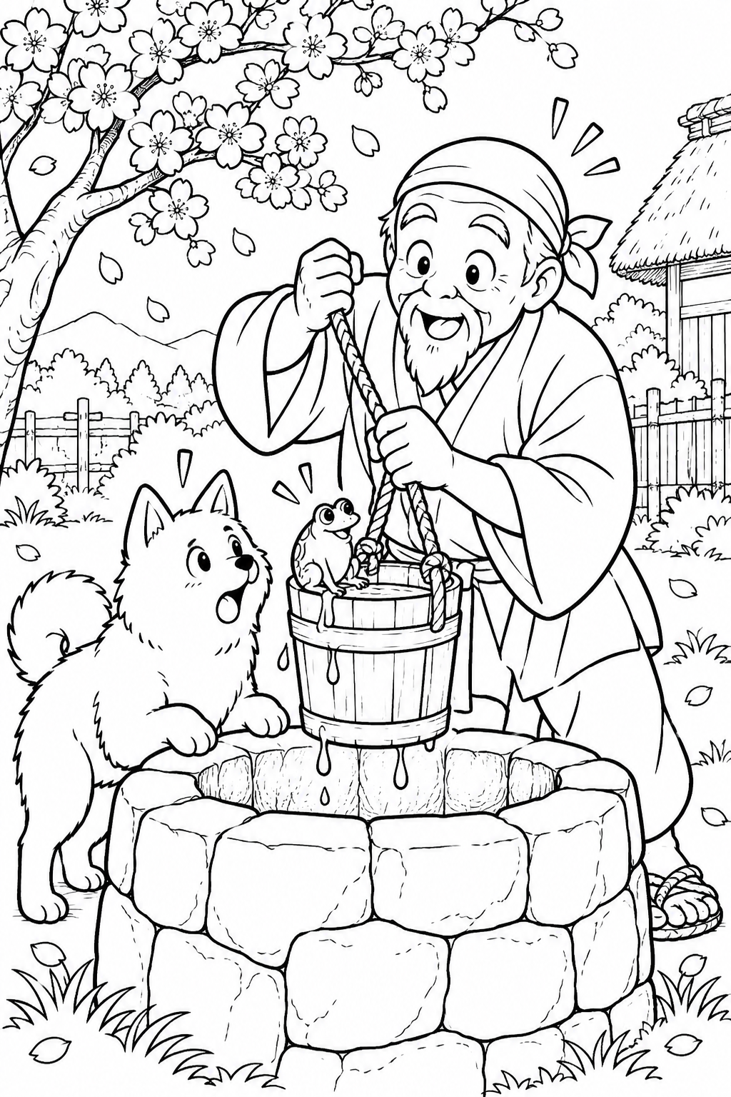 はなさかおじさん:井戸の桶からかえるのごあいさつ(ギャグ)の塗り絵