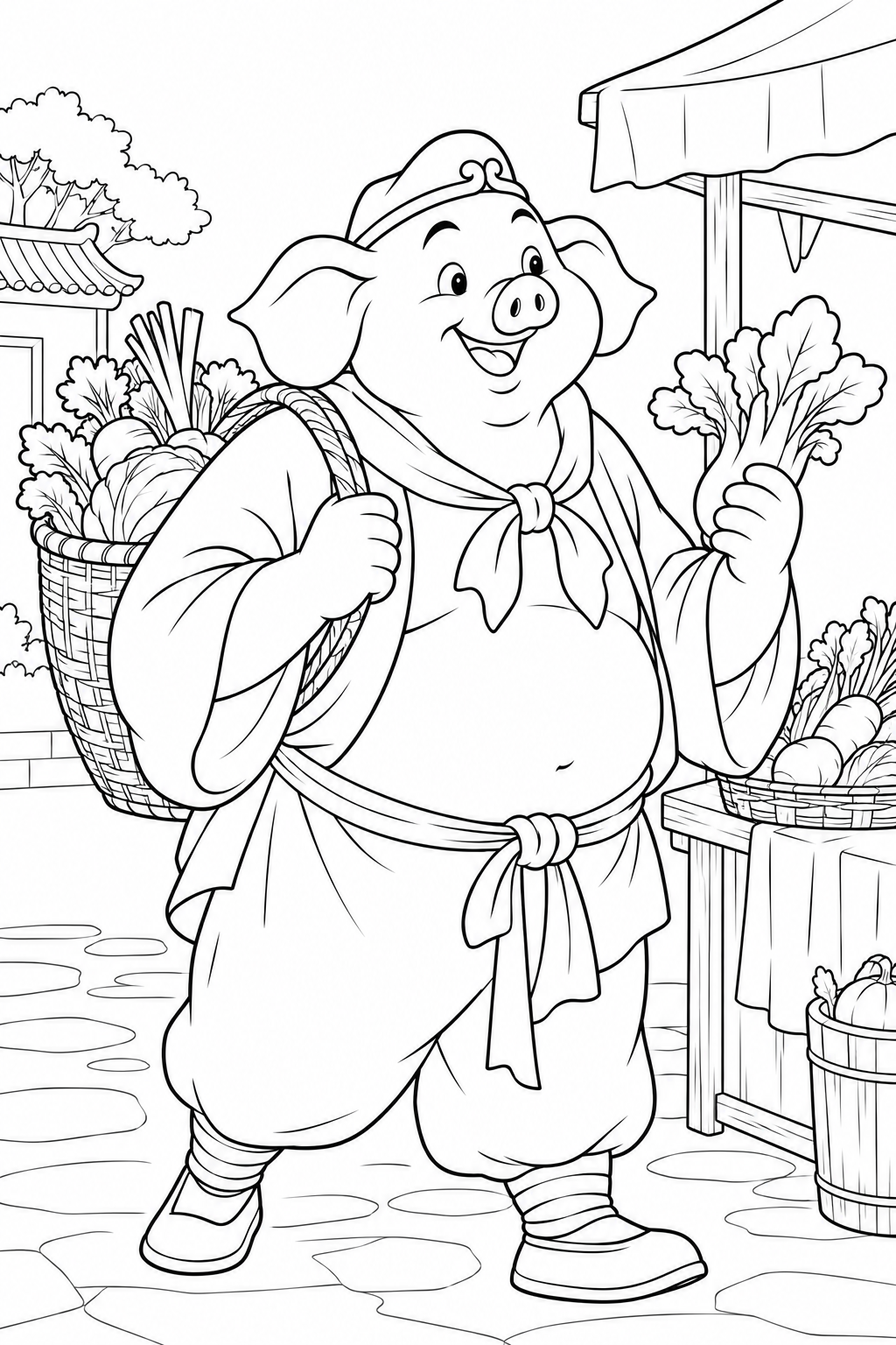 Cozy Journey to the West：Bajie and the market basket coloring page