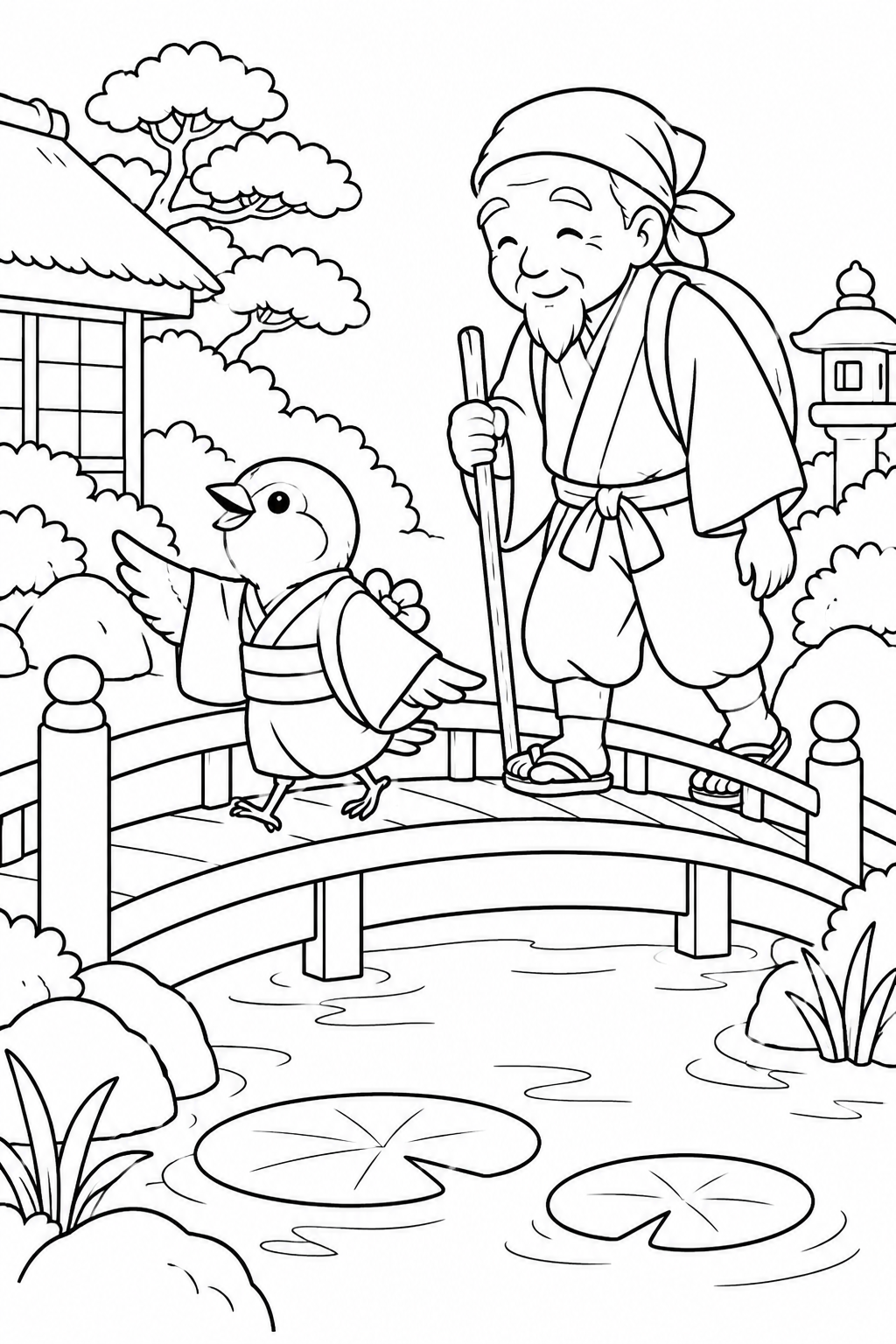 したきりすずめ：池の橋をてくてく案内の塗り絵