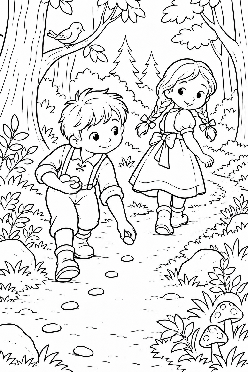 Hansel and Gretel:A pebble trail into the forest(Cozy) coloring page