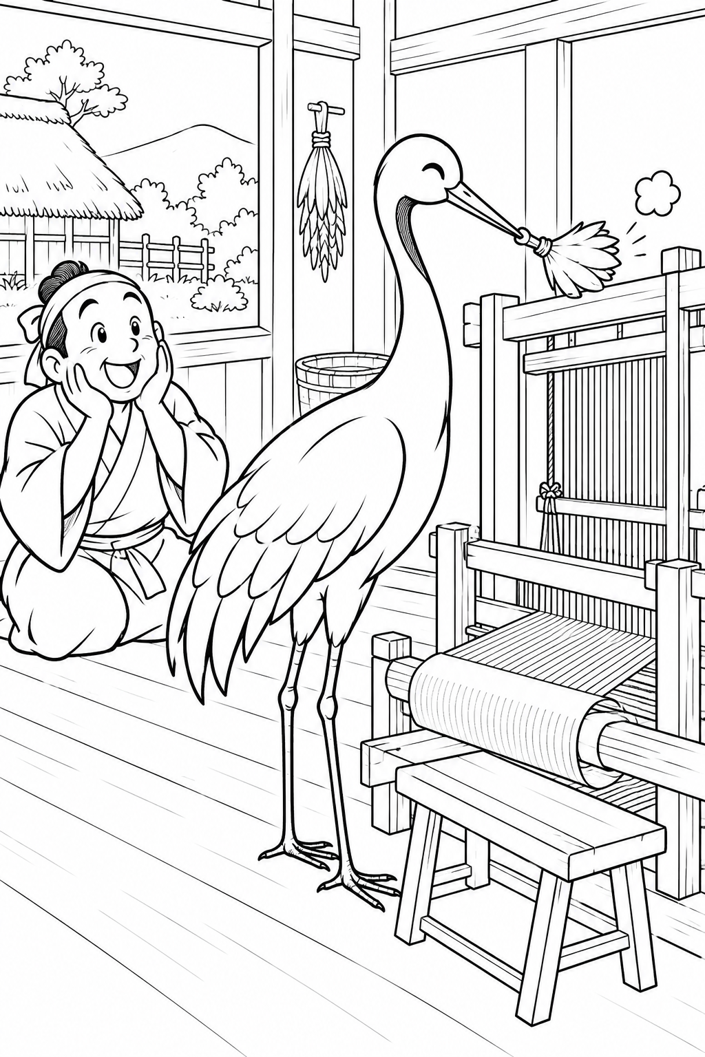 つるの恩返し:小さなはたきで大そうじの塗り絵
