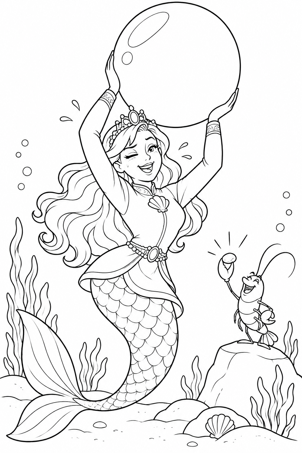 人魚姫:大真珠とエビの筋トレ勝負の塗り絵