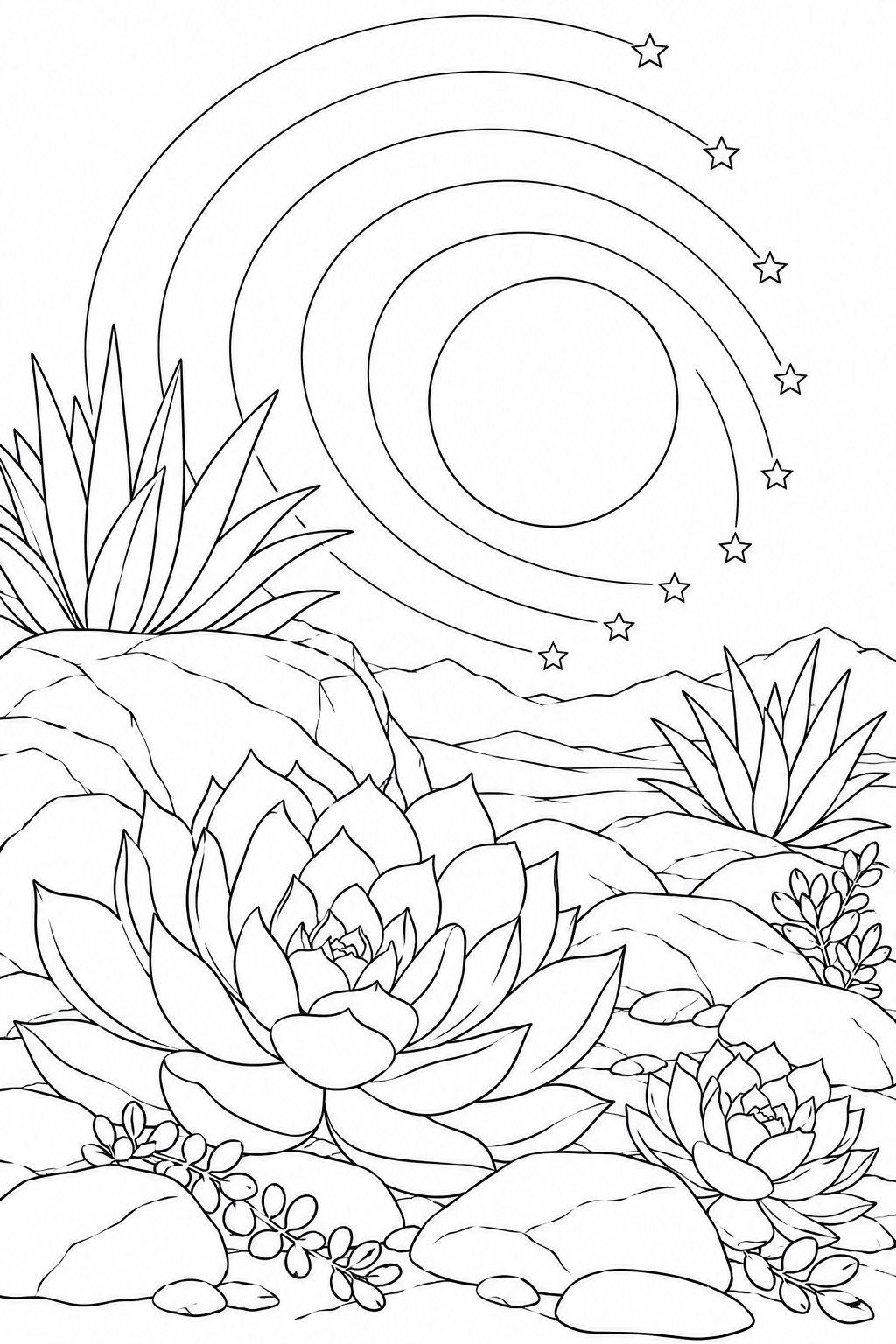 多肉植物の岩庭と星の軌跡の塗り絵