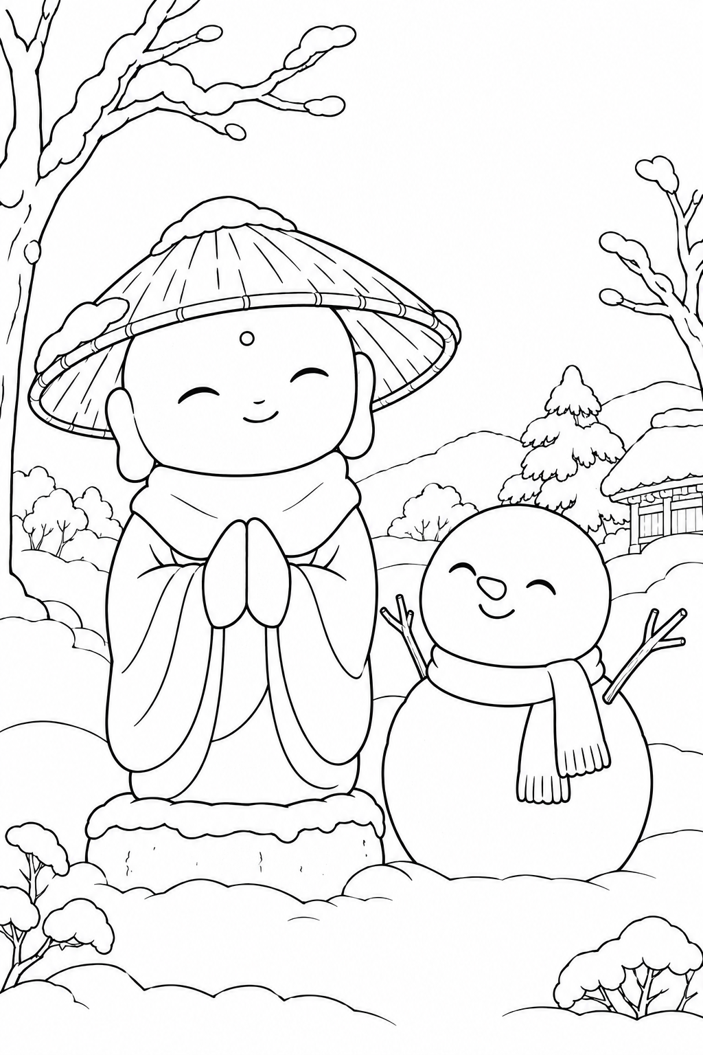 かさじぞう・おじぞうさまと小さな雪だるまの塗り絵