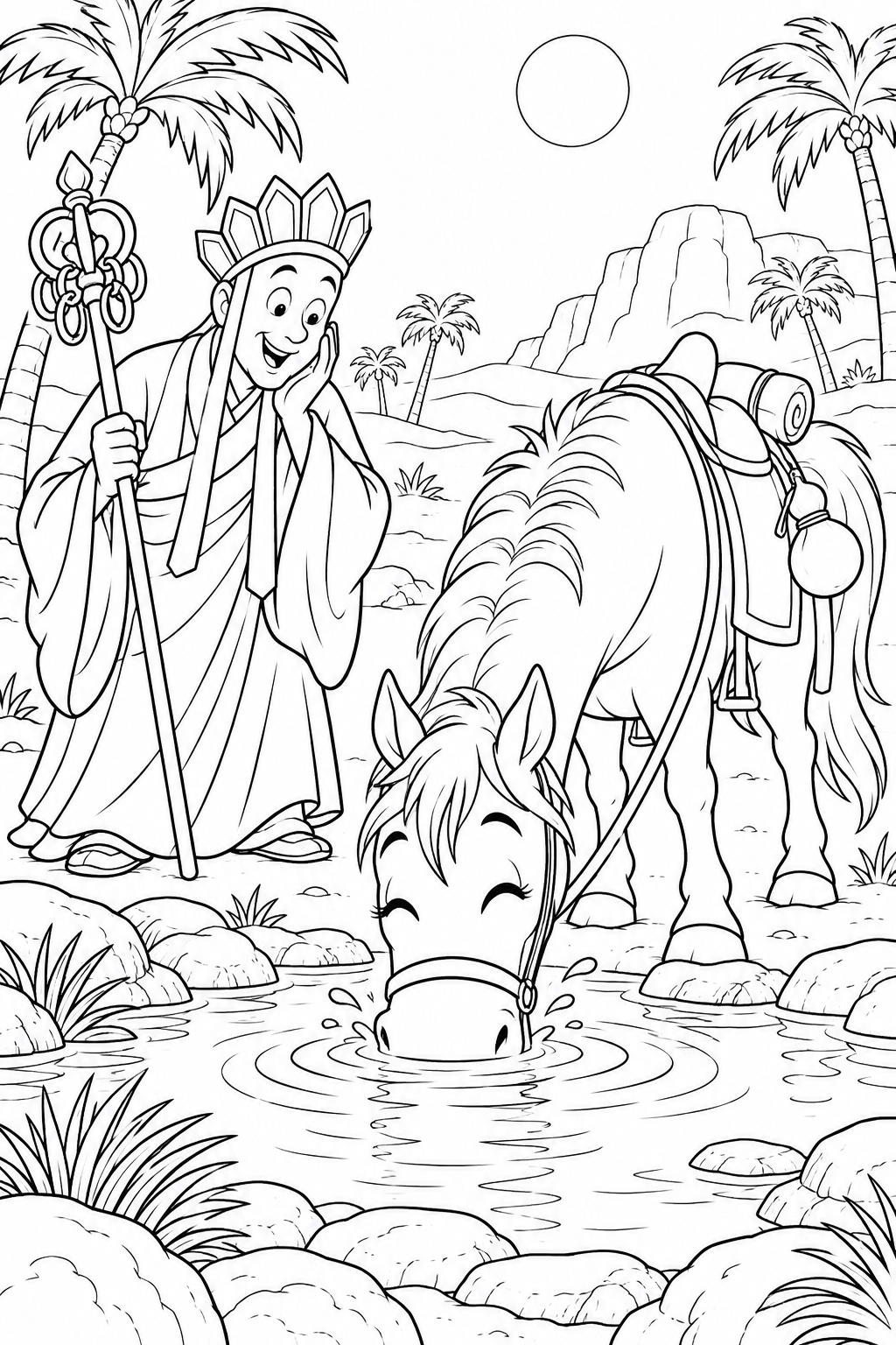 Dibujo de Viaje al Oeste cómico：Sanzang y el oasis del desierto para colorear