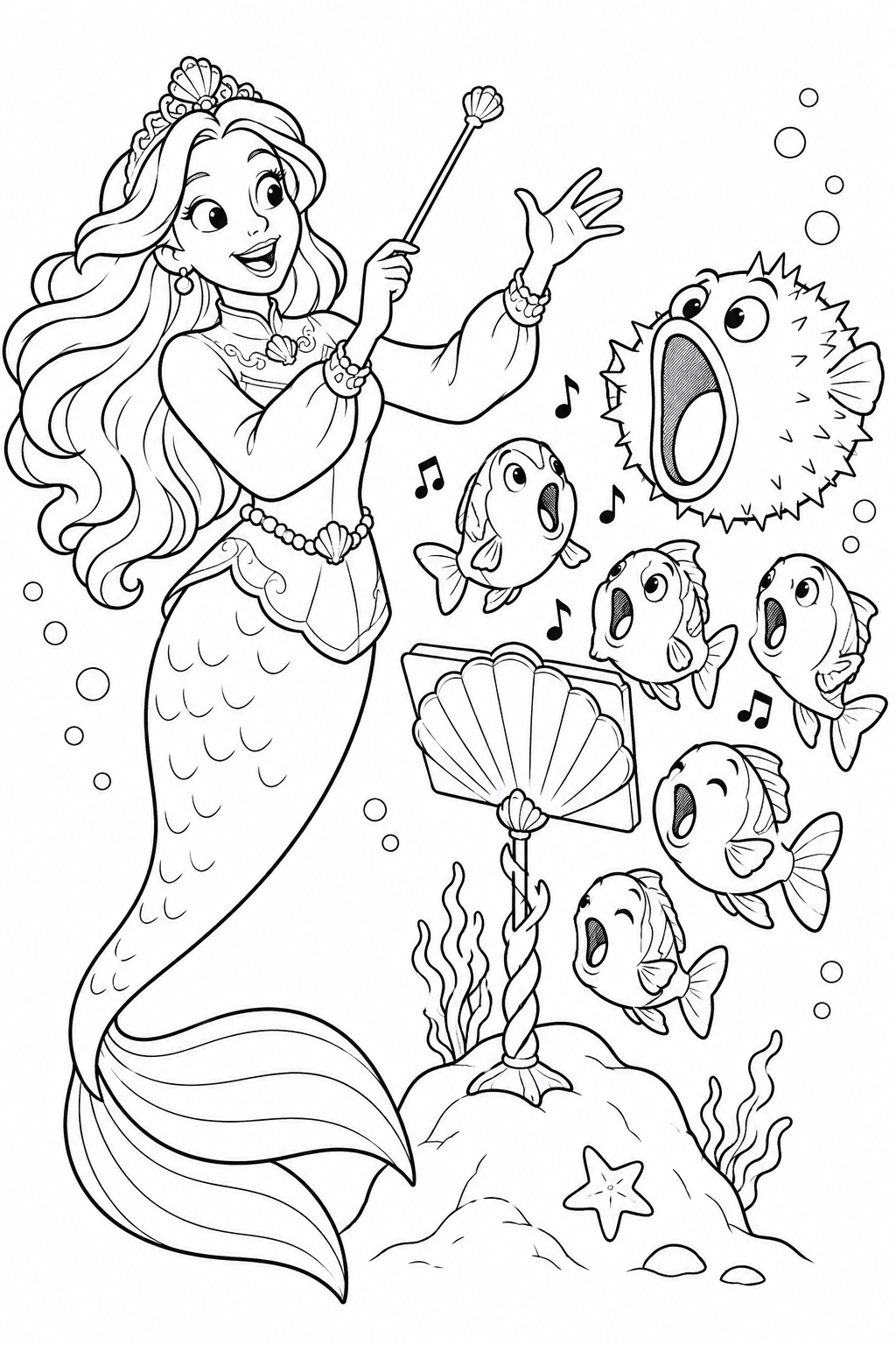 人魚姫:フグが主役の海の合唱団の塗り絵