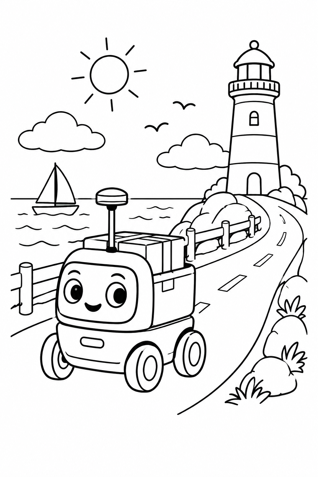 小型配送ロボットと海沿いの道の塗り絵