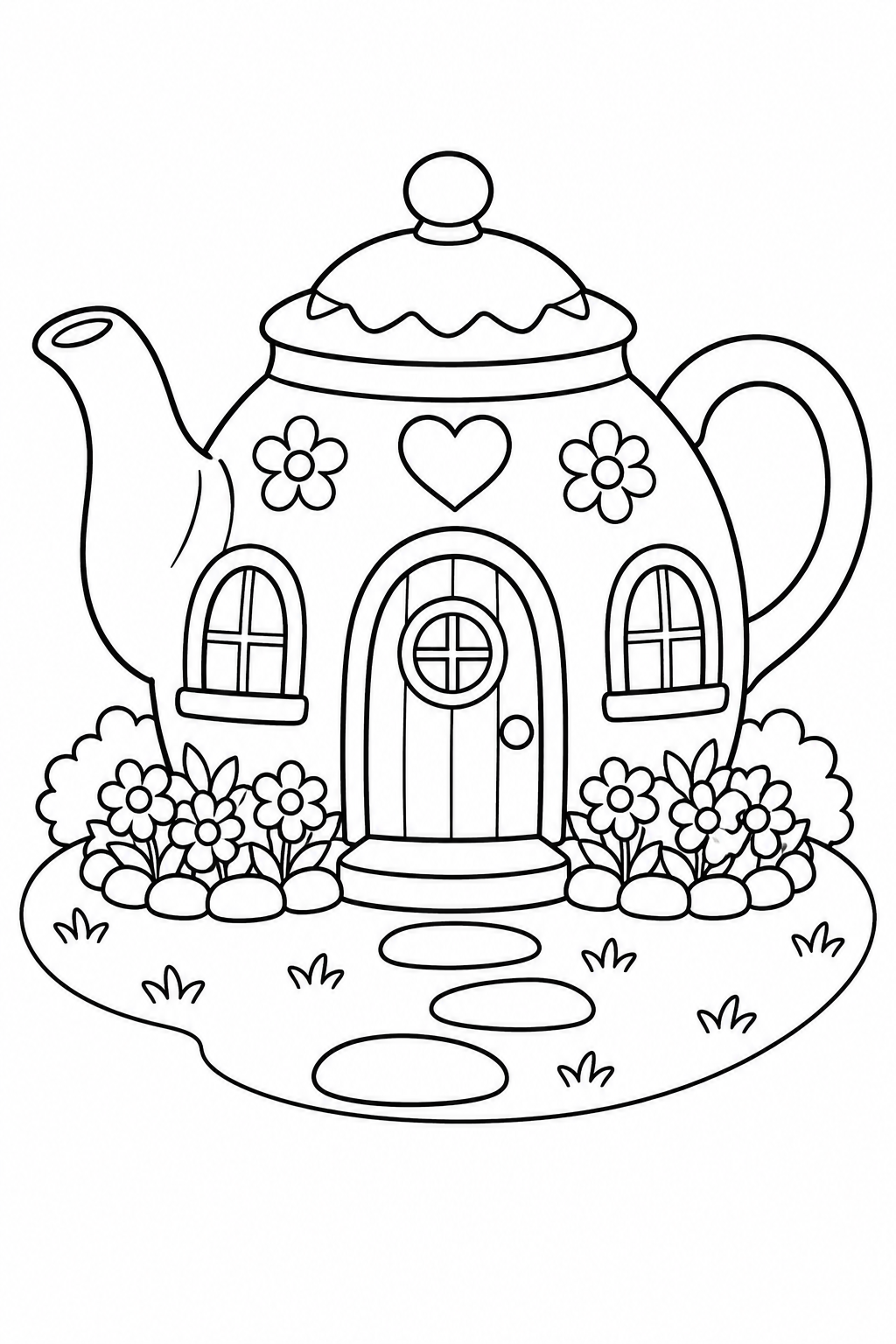 ティーポットのおうちの花壇の塗り絵