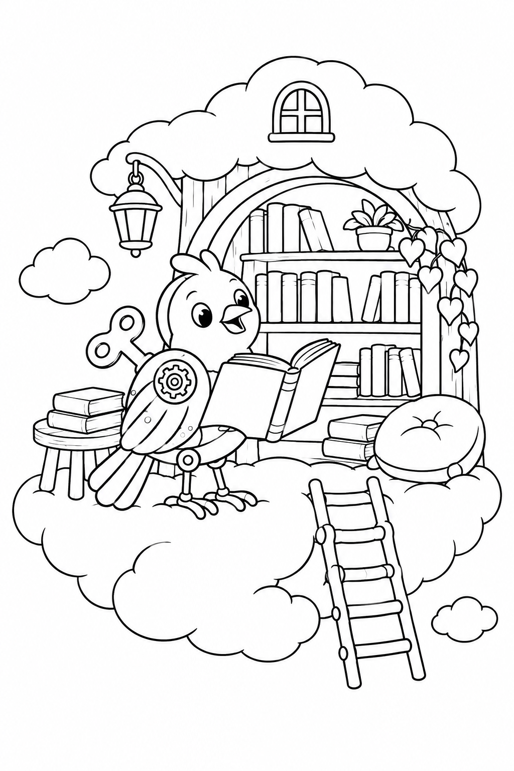 Coloriage L’oiseau à engrenages et la bibliothèque des nuages
