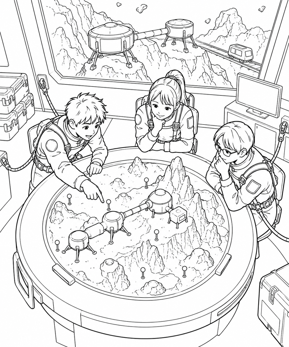 小惑星の岩山基地:地形模型と作戦会議の塗り絵