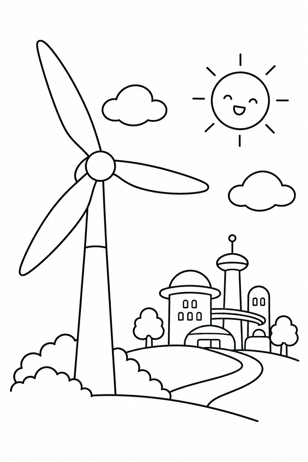 Dibujo de Energía eólica y ciudad del futuro para colorear