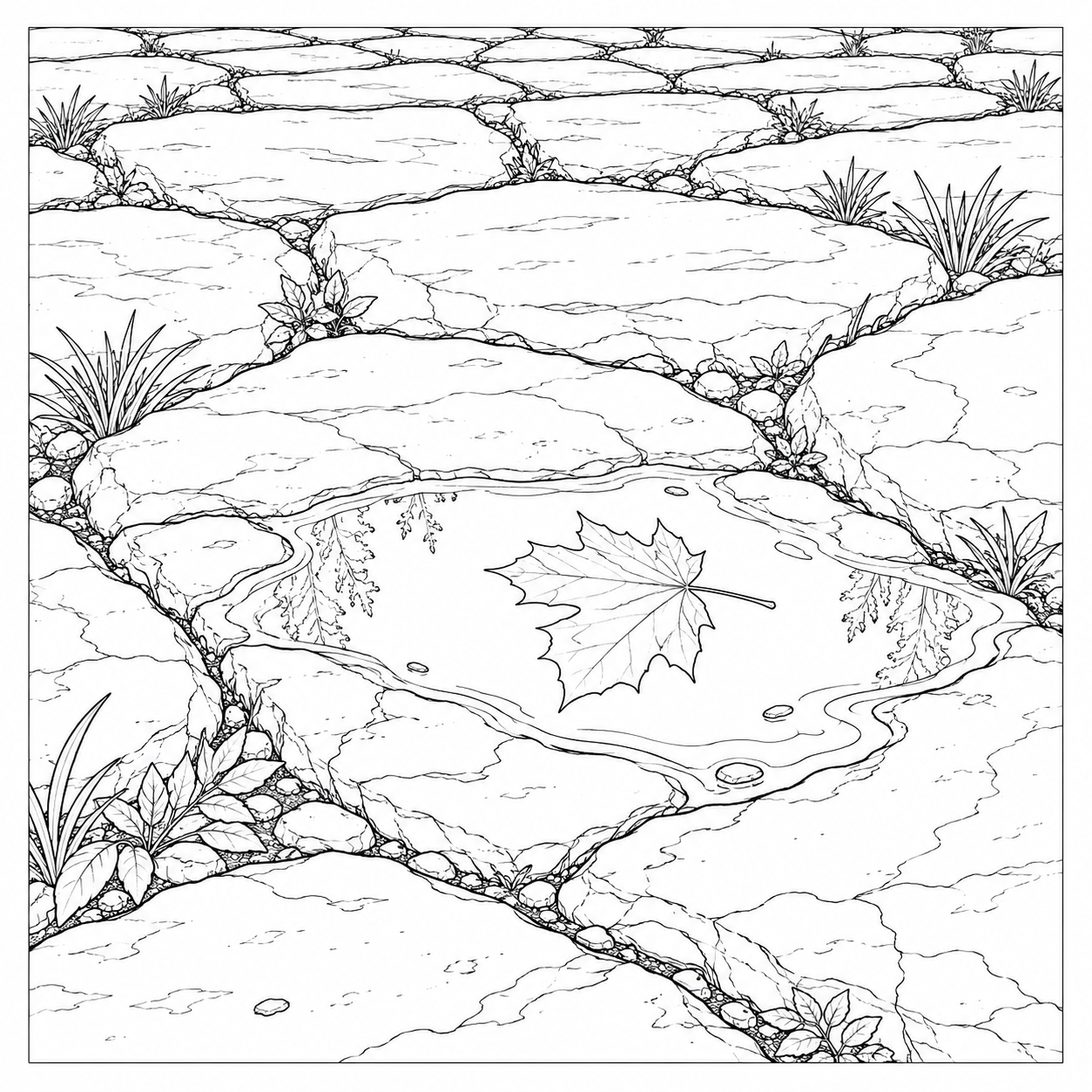 Dibujo de Adoquines y hierba después de la lluvia para colorear