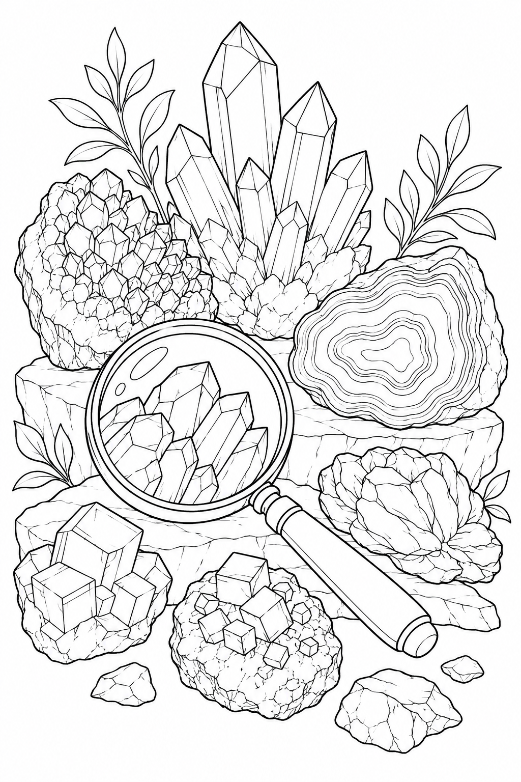 机上の鉱物標本と虫眼鏡の塗り絵