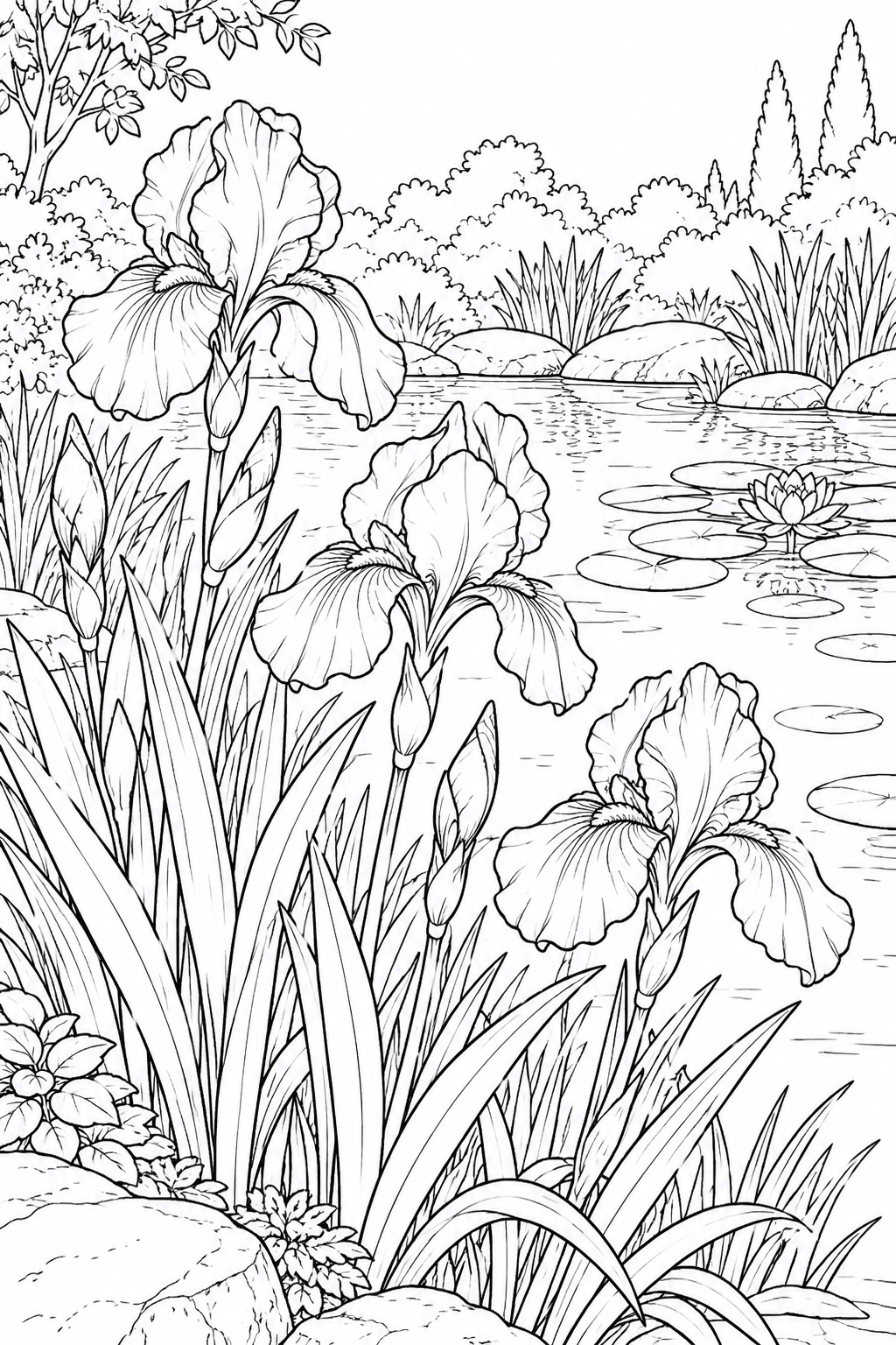 Coloriage Scène de nature : Iris et feuilles en forme d'épée