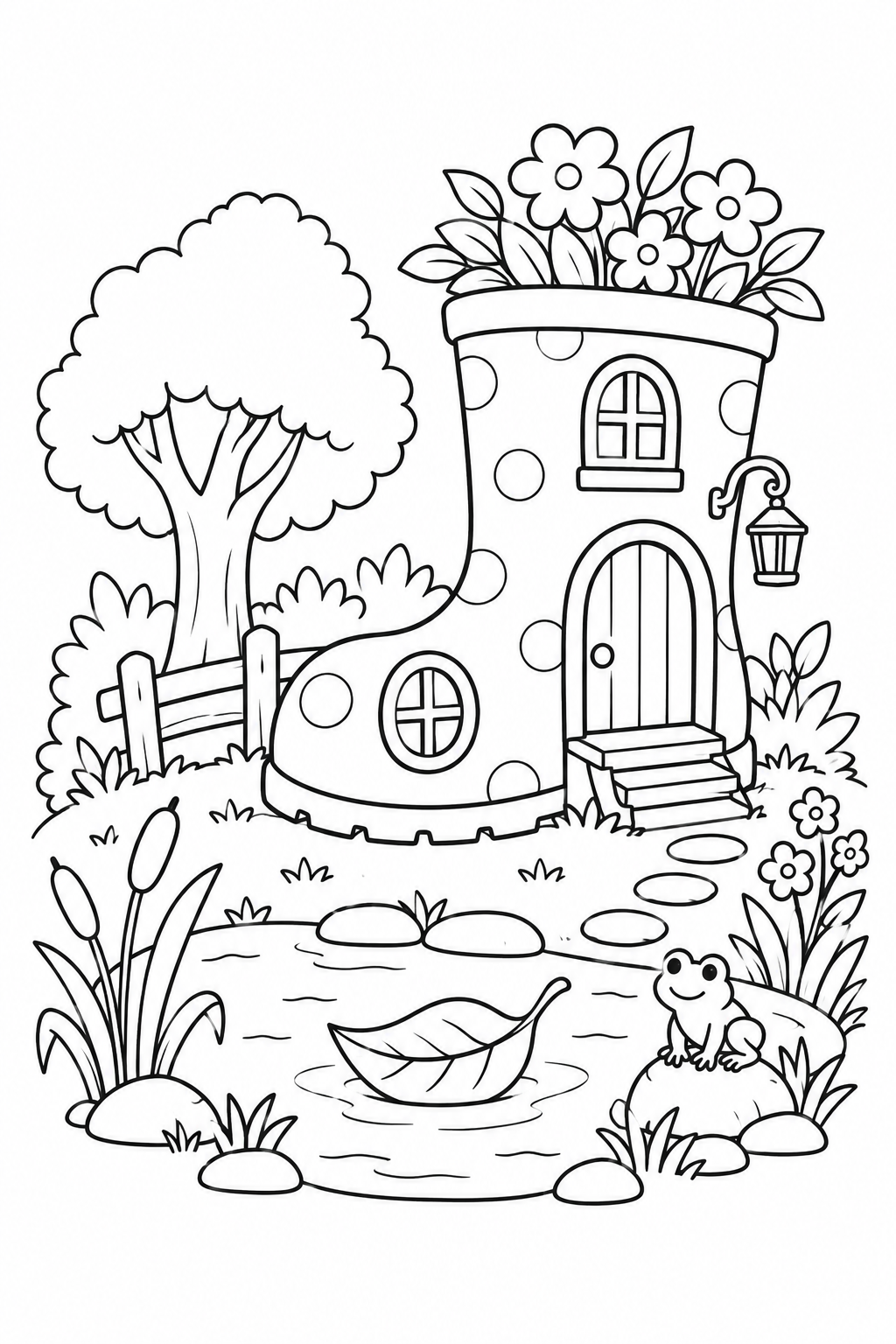長ぐつのおうちの池の庭の塗り絵
