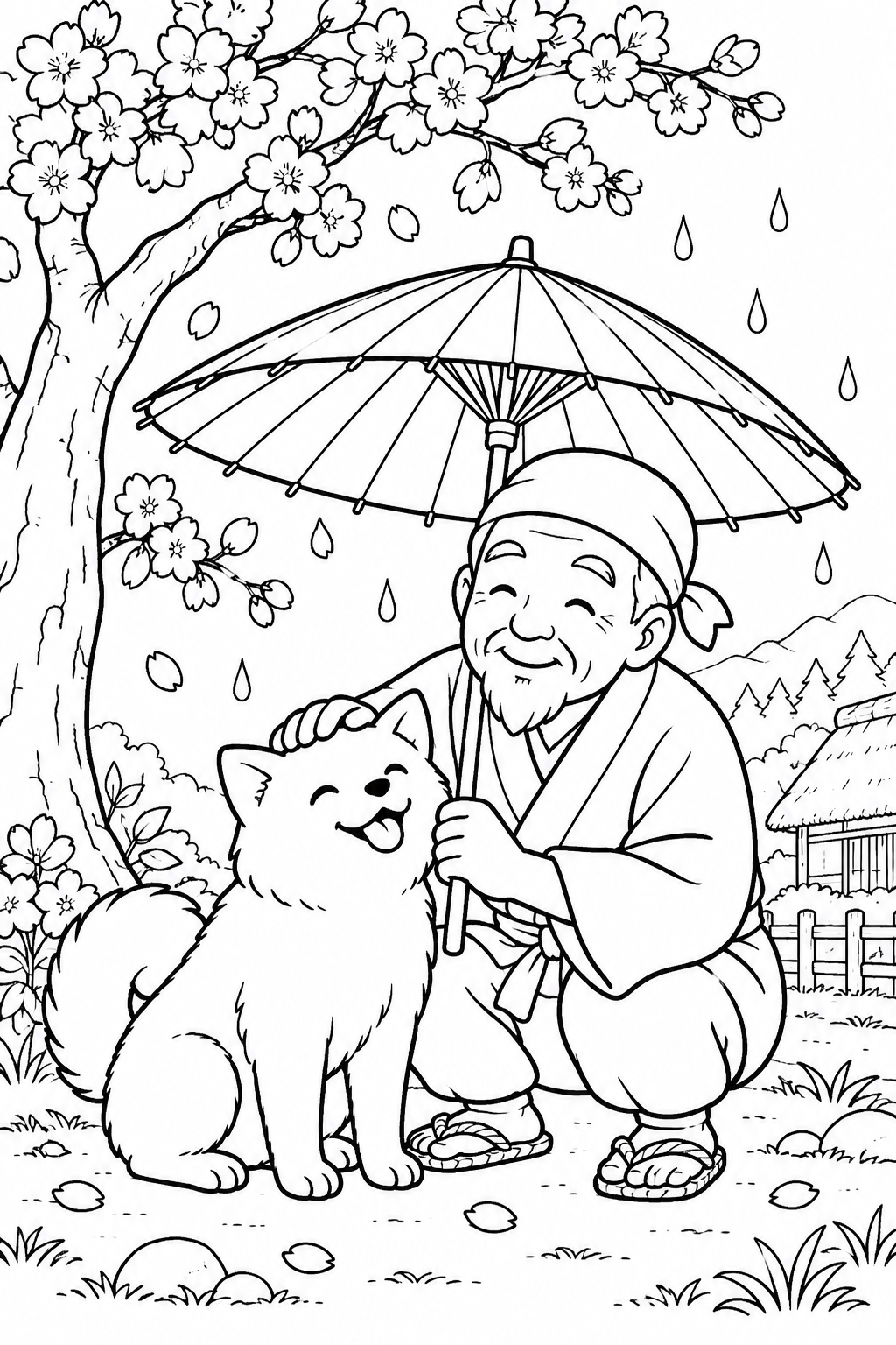 はなさかおじさん:白い犬と相合い和傘(ほっこり)の塗り絵