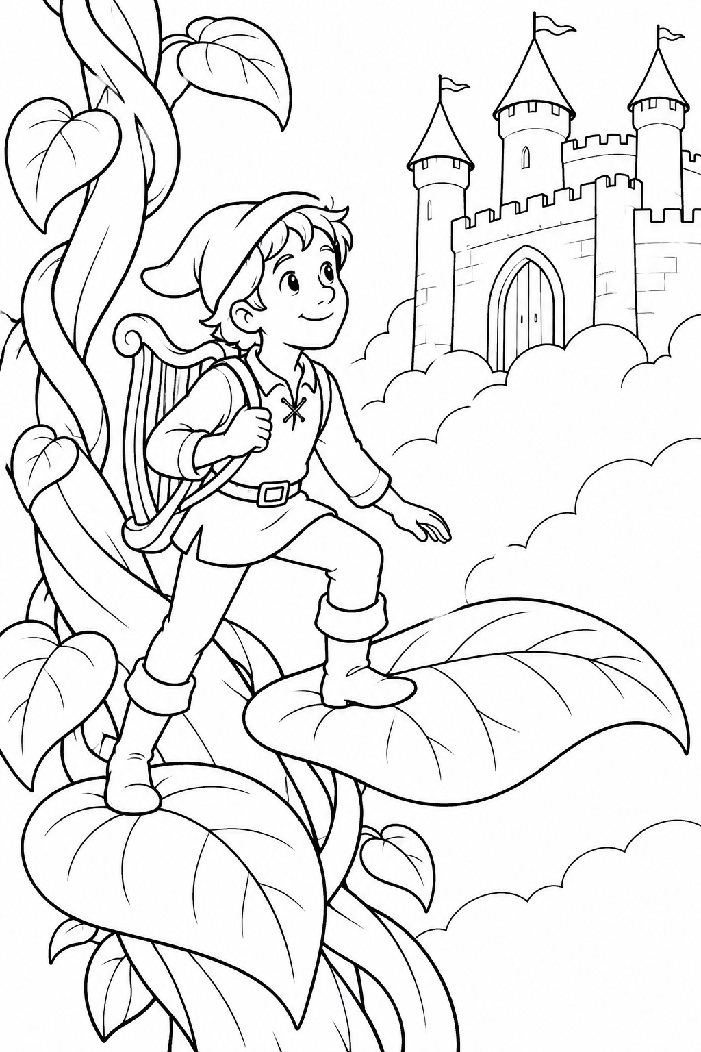 Jack and the Beanstalk・Heartwarming — Along the leafy path with a harp coloring page