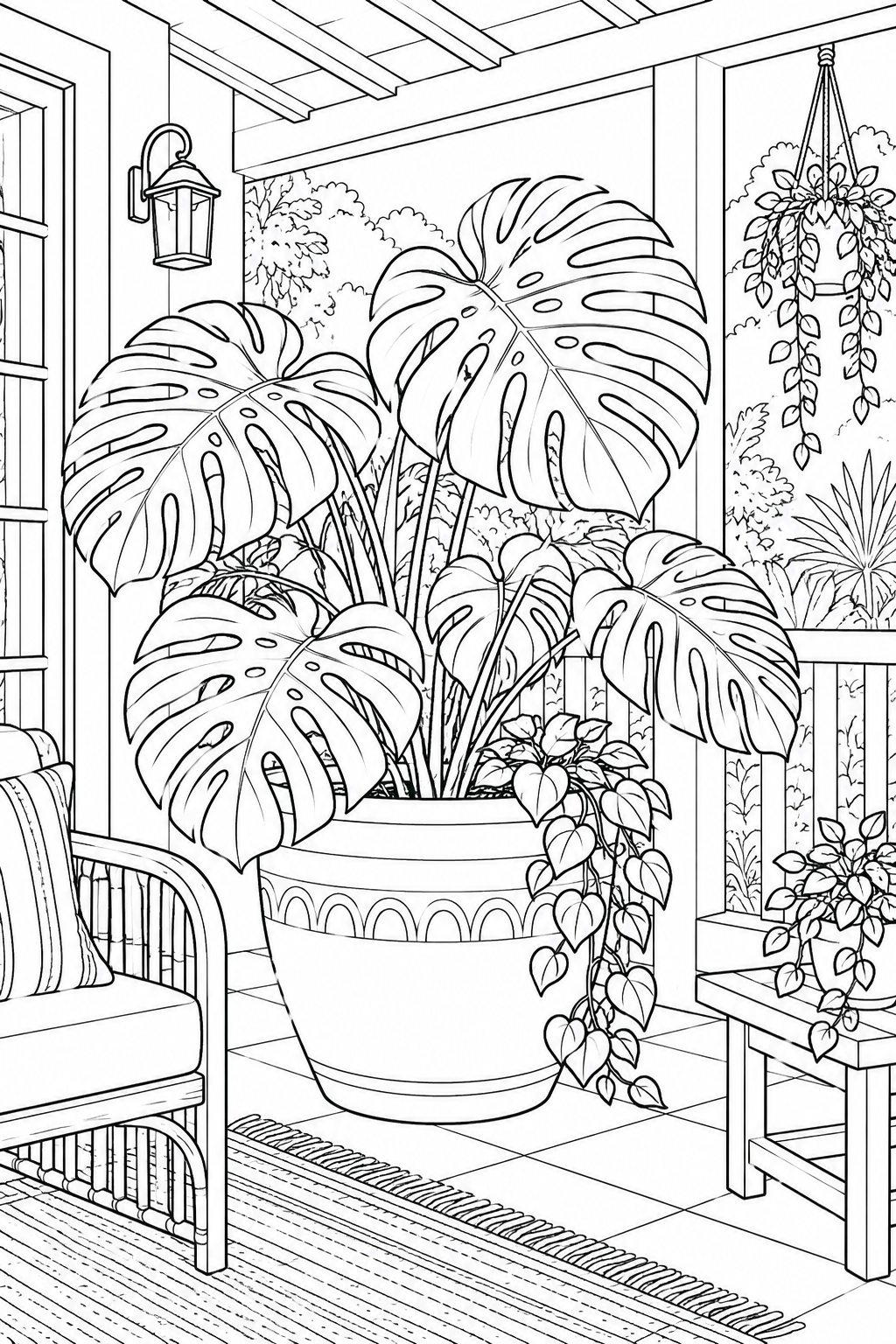 自然のひとこま:モンステラの切れ込みのある葉の塗り絵