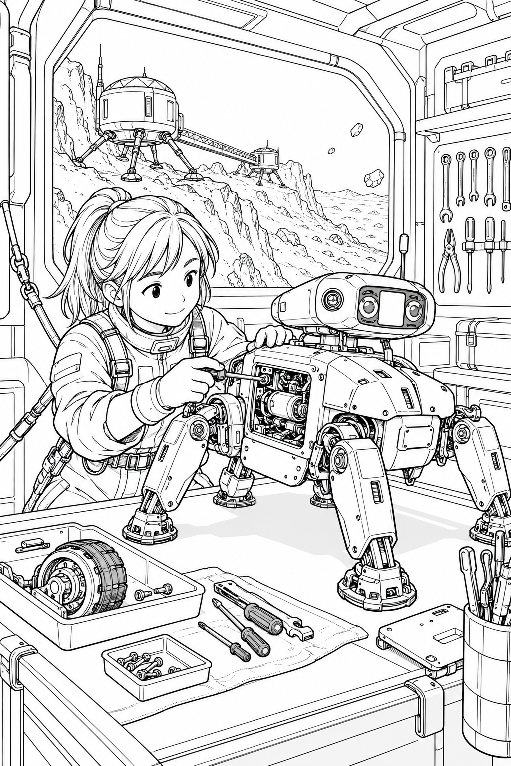 小惑星の岩山基地:ロボットの整備工房の塗り絵