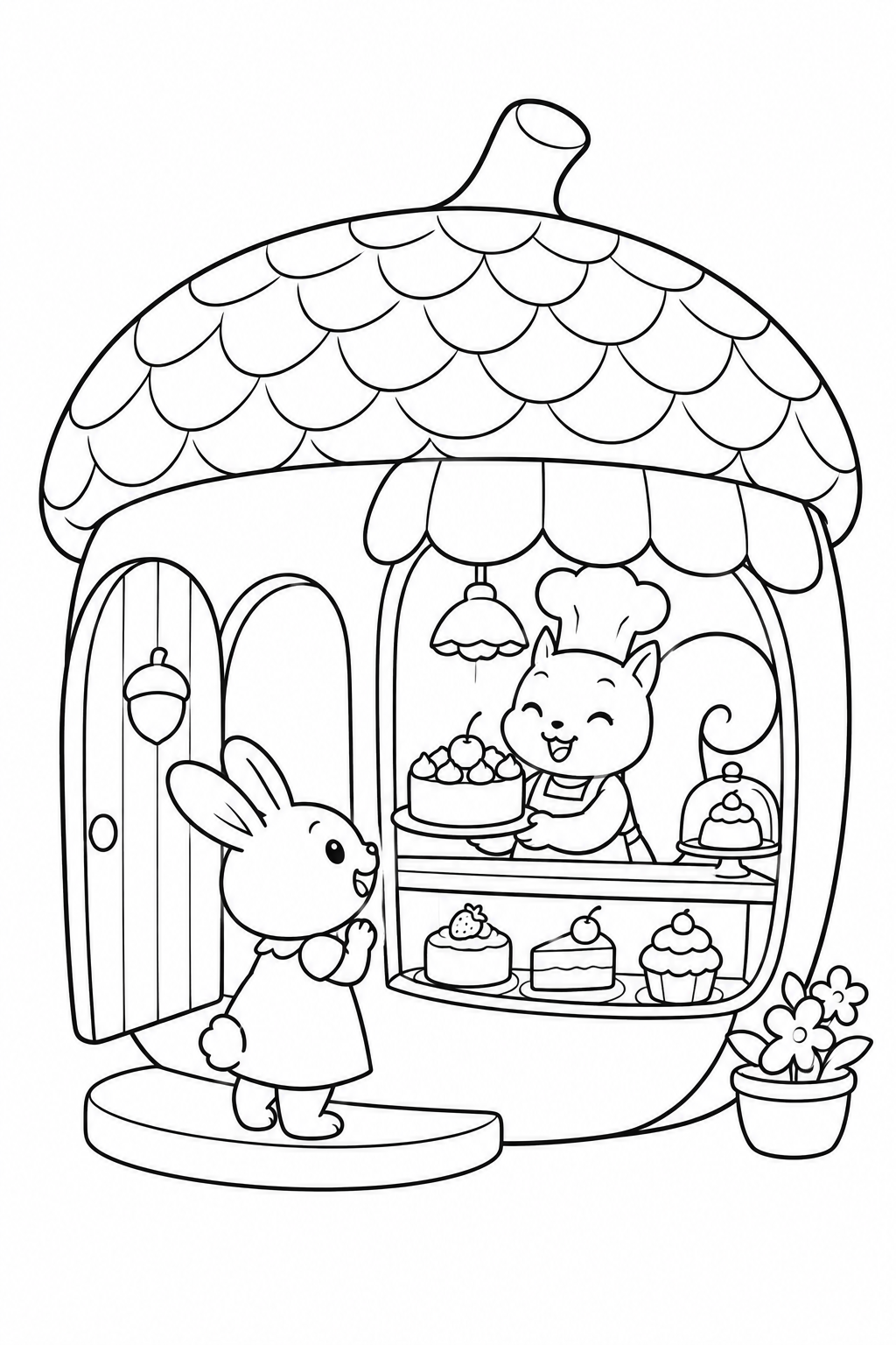 どんぐり型のケーキ屋さんの塗り絵