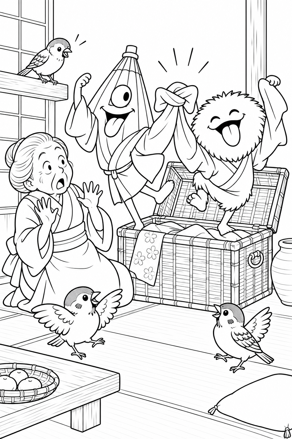 Dibujo de El gorrión de la lengua cortada — Los fantasmas hacen una entrada enredada para colorear