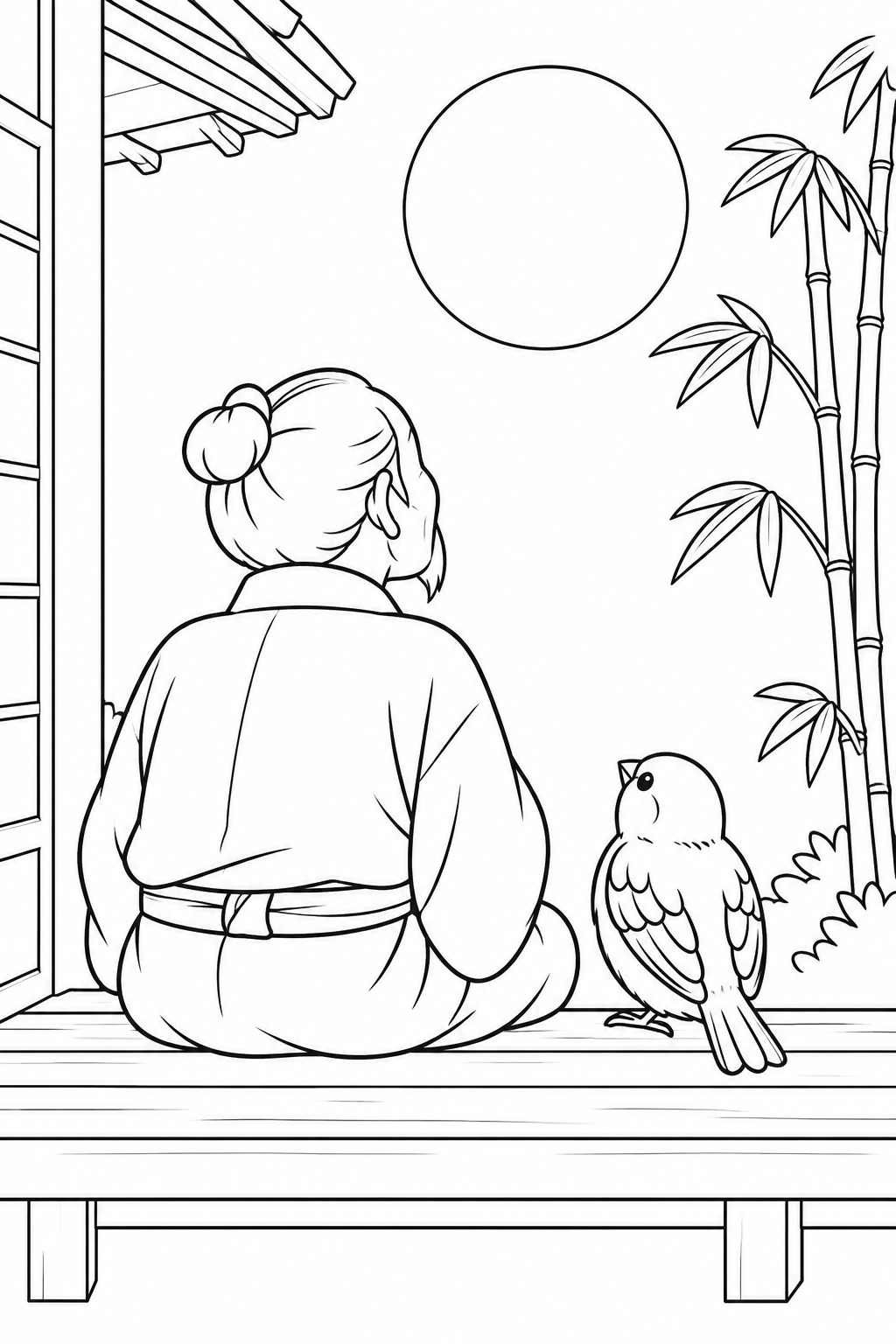したきりすずめ:月をながめるすずめとおじいさんの塗り絵