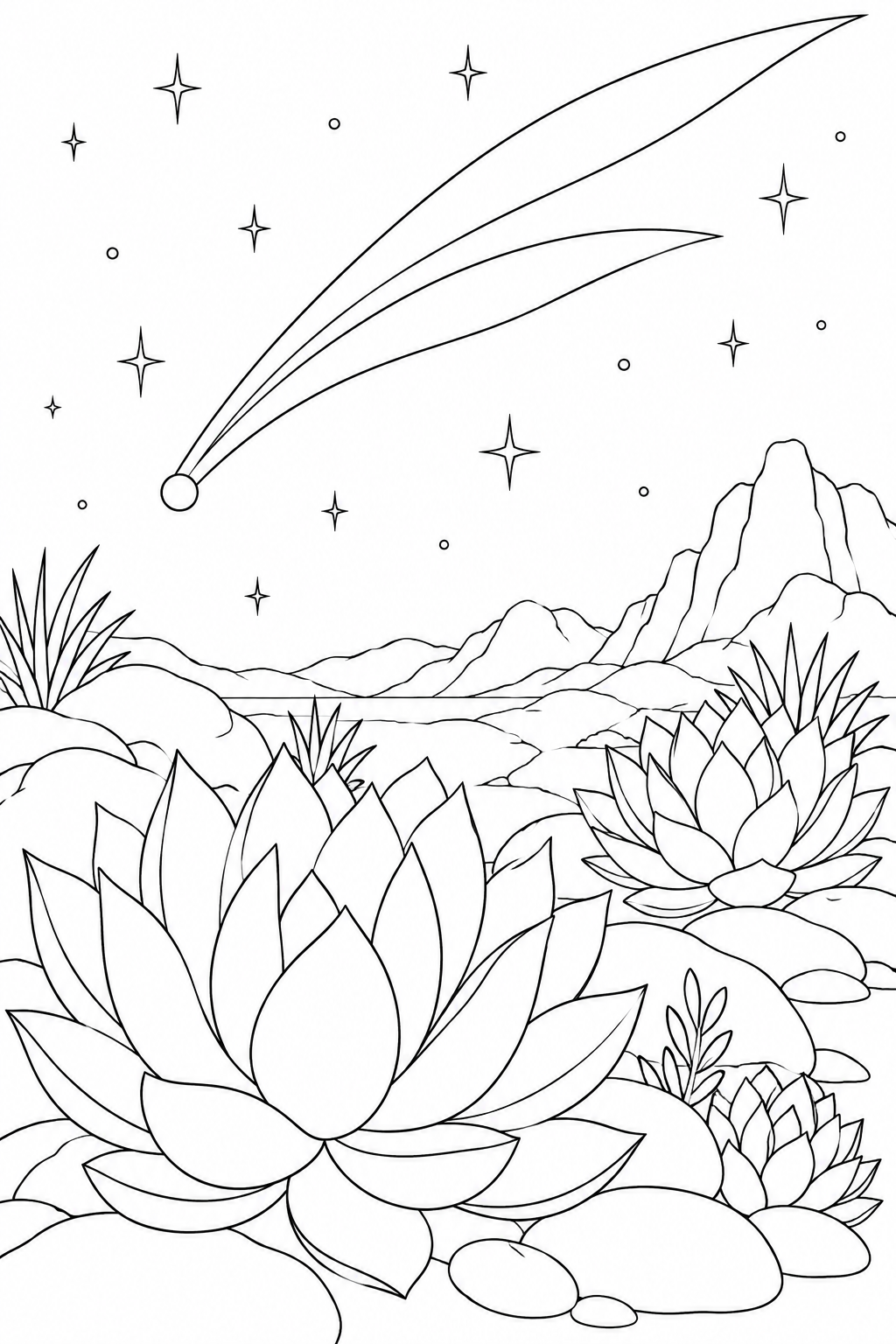 多肉植物の岩庭と尾をひく彗星の塗り絵
