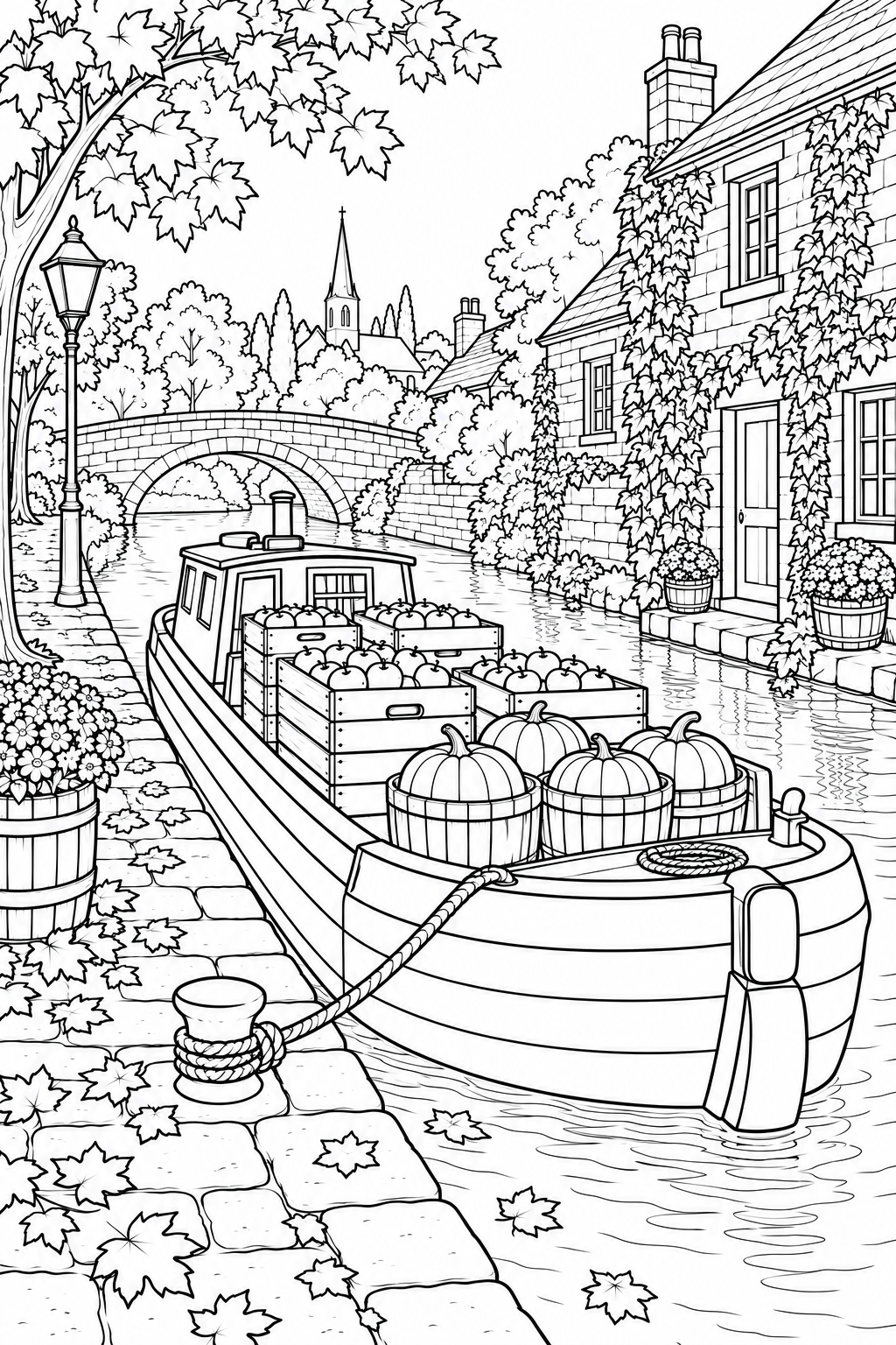 Coloriage Promenade en bateau sur le canal — automne