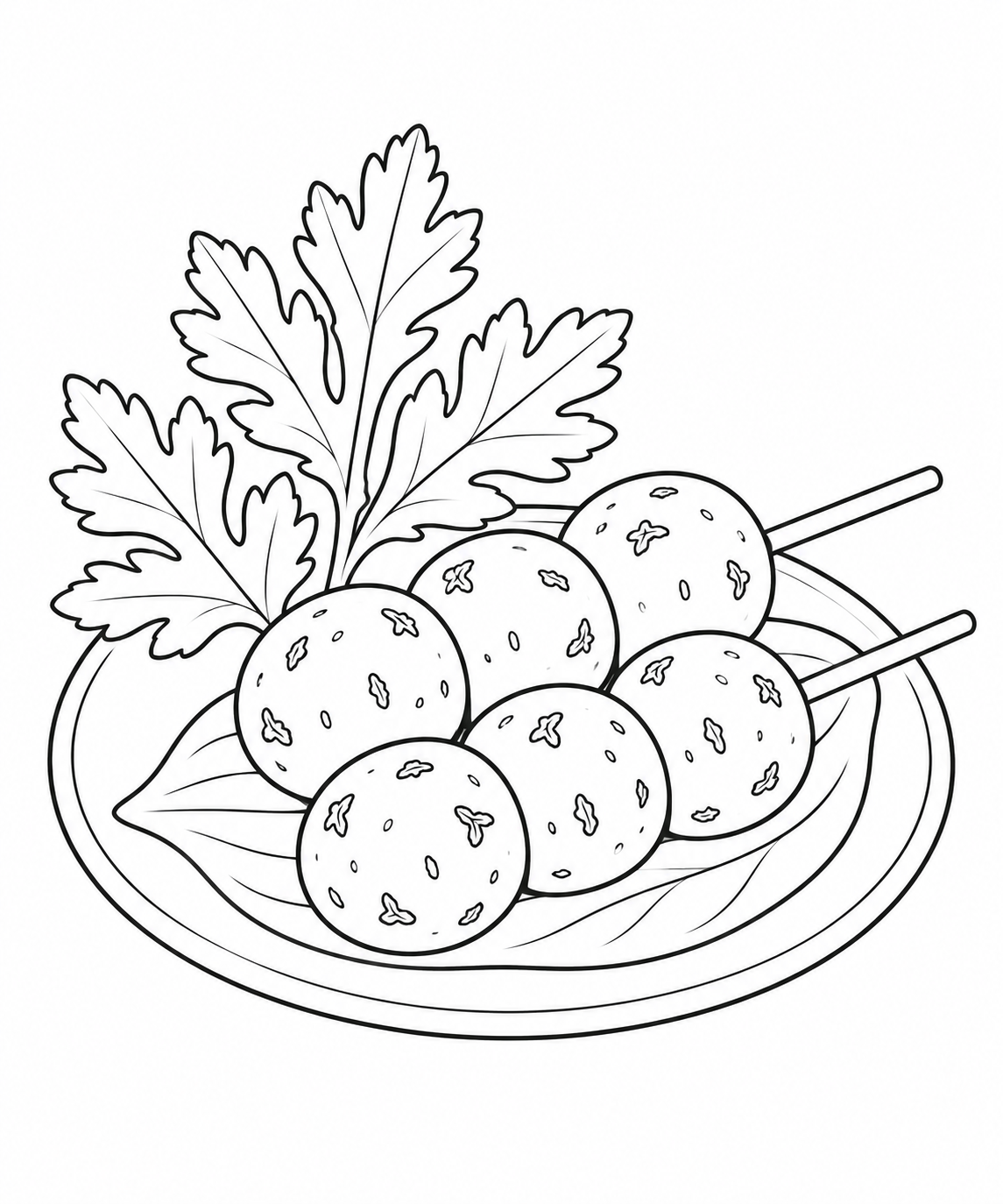 Dibujo de Dango de artemisa (bolitas de arroz) y hojas para colorear