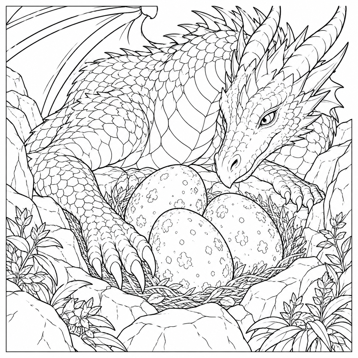 Coloriage Dragon gardant des œufs dans un creux rocheux