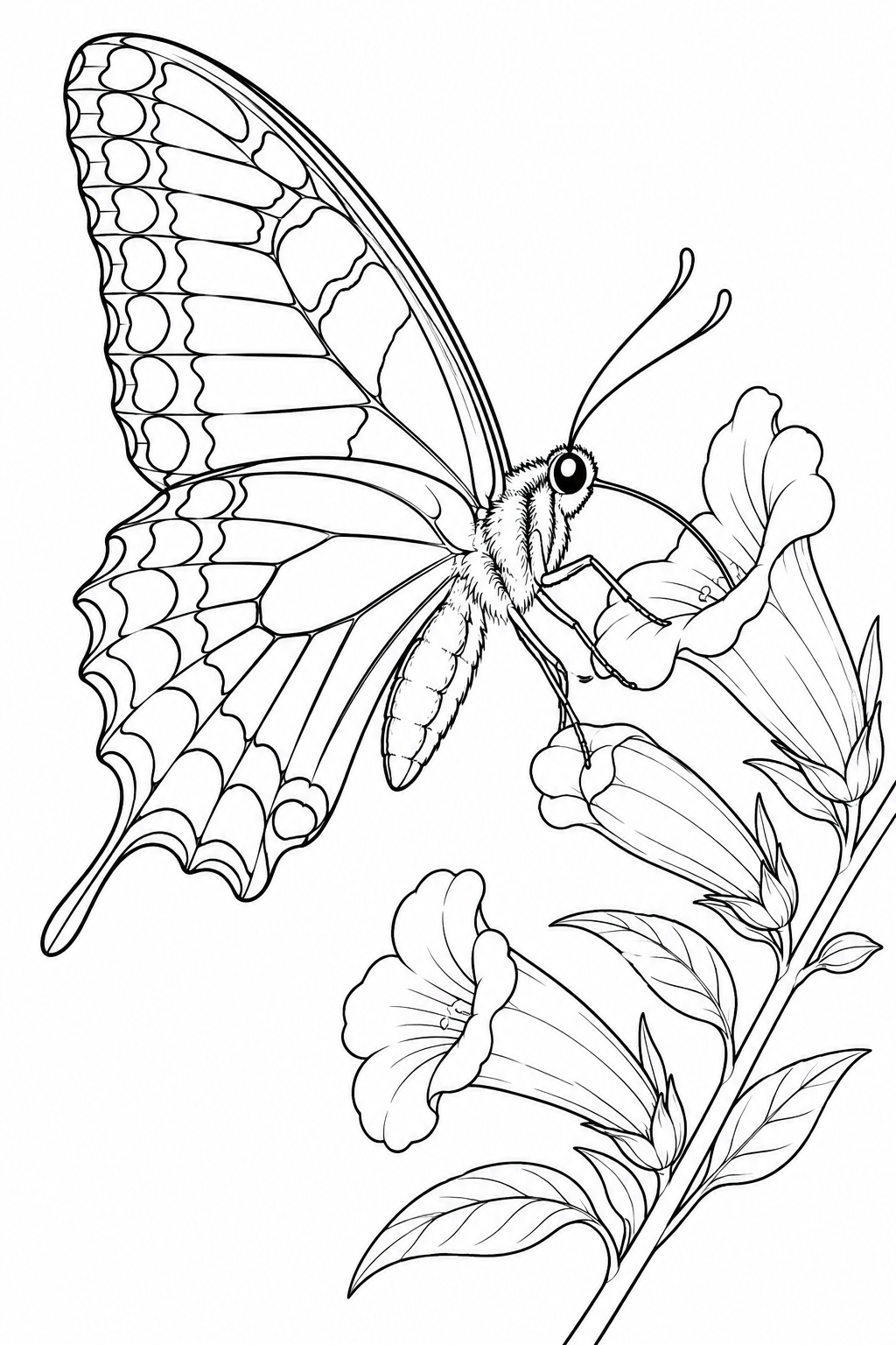 Dibujo de Mariposa visitando una flor para colorear
