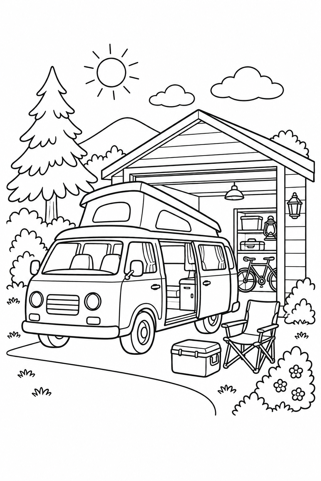 キャンピングカーと車庫の塗り絵