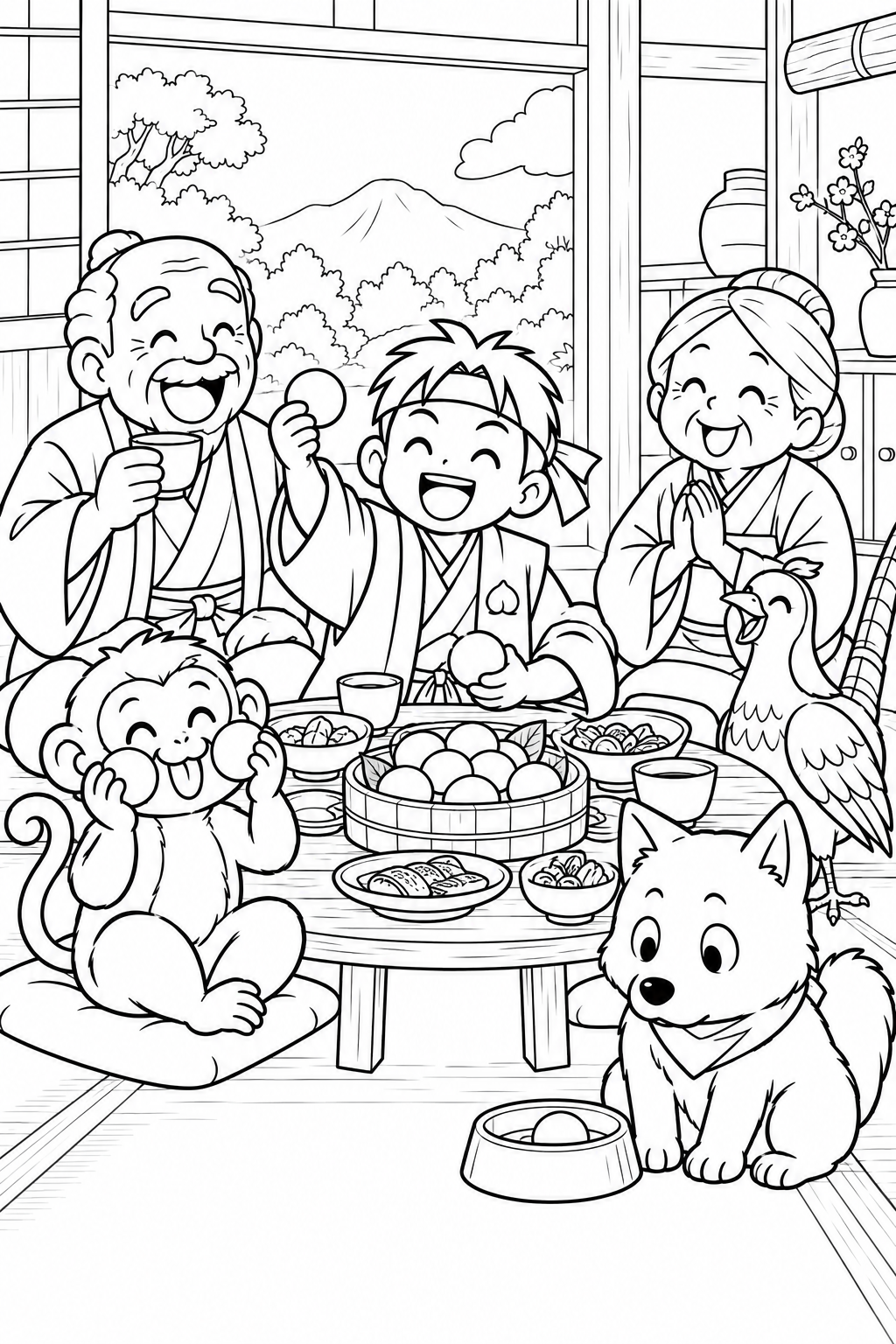 ギャグ桃太郎:桃太郎とみんなの祝い膳の塗り絵
