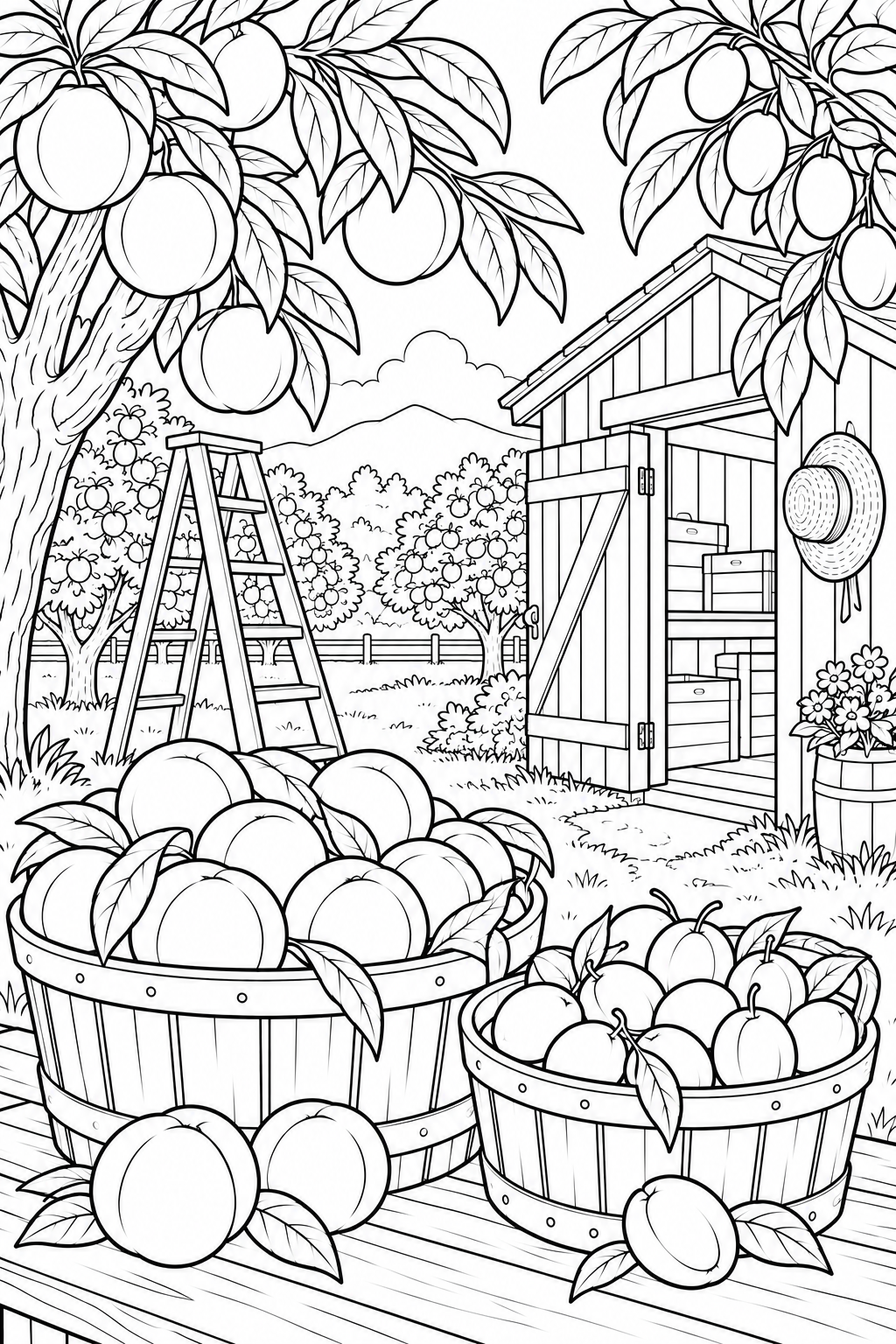Desenho de Galpão de trabalho do pomar — verão para colorir